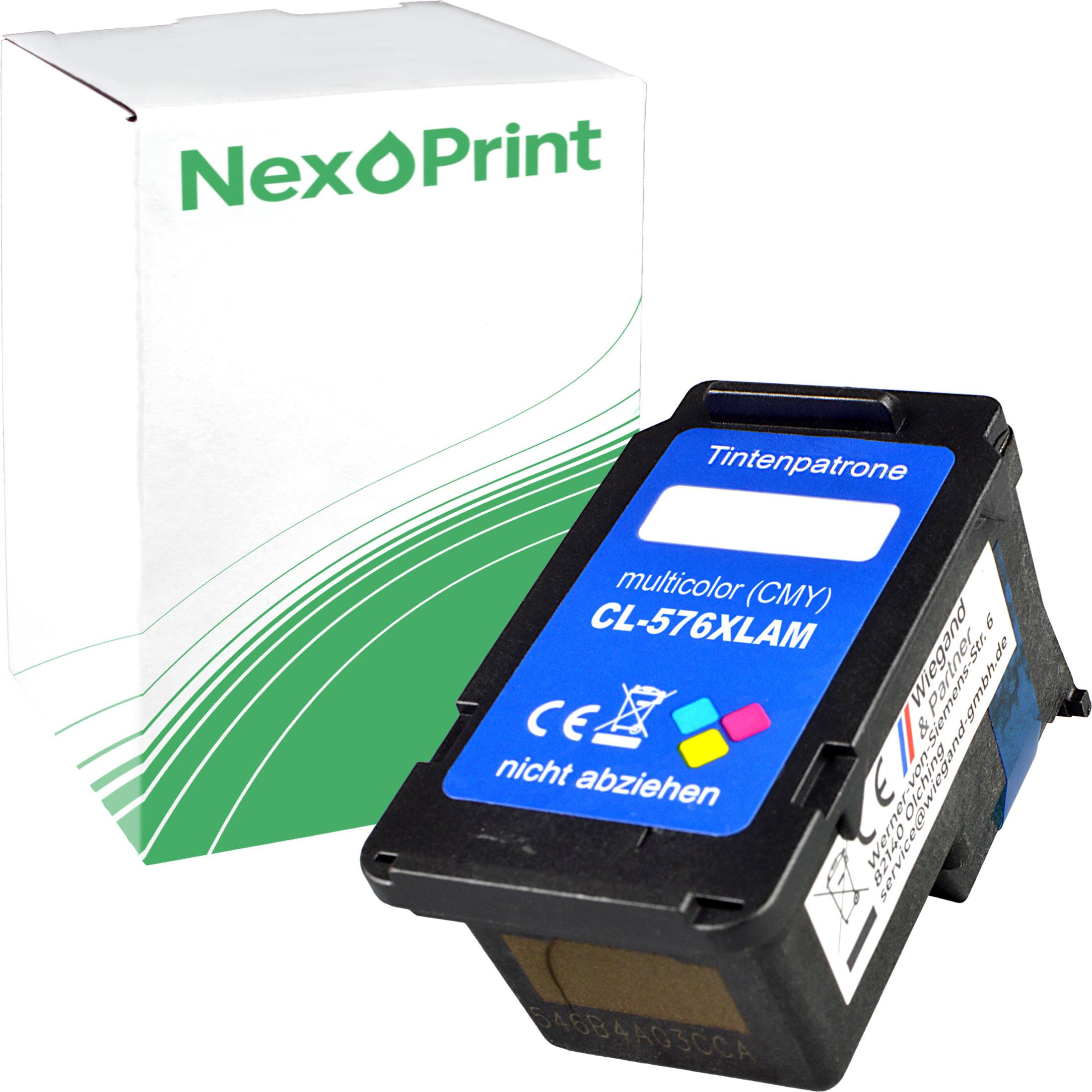 Farbpatrone neben einer weißen NexPrint-Box mit CMY-Etikett und Chip auf der Patrone.