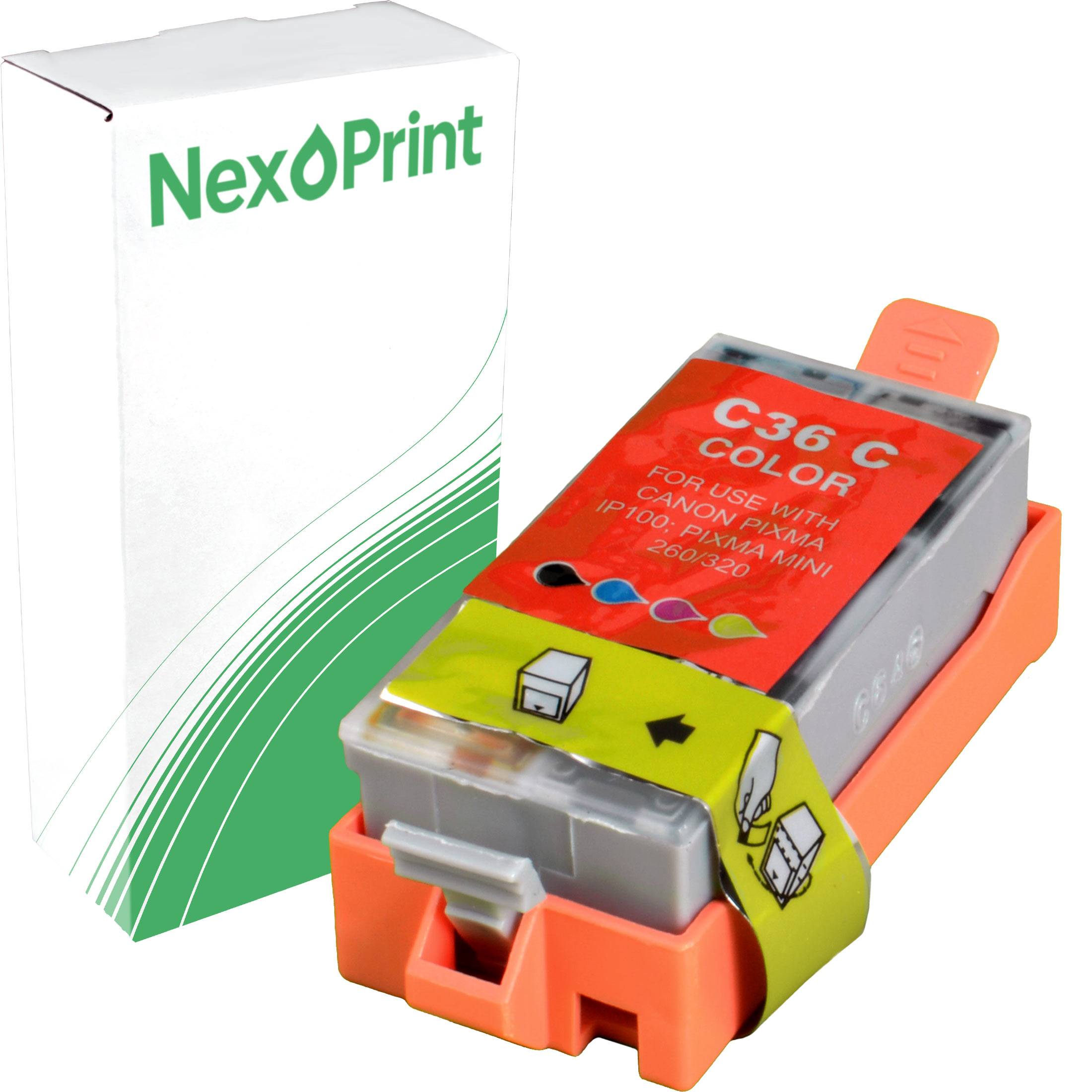 C36 Tintenpatrone in Farbe für Canon Pixma Mini, mit Verpackung gezeigt. Kompatibel mit Canon-Modellen IP100 und IP110.