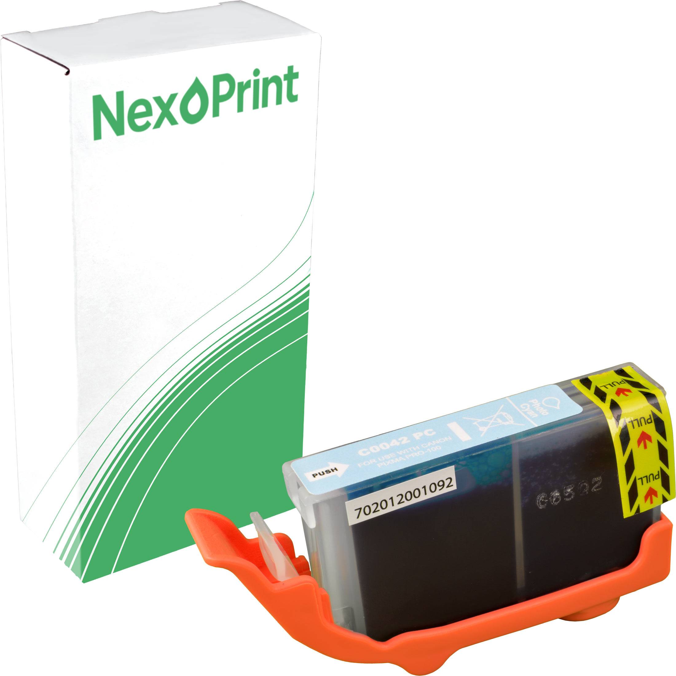 Eine NexPrint Marken-Druckerpatrone in ihrer Verpackung wird gezeigt, wobei der Produktbehälter und das Etikett mit dem Code '702012001092' zu sehen sind.