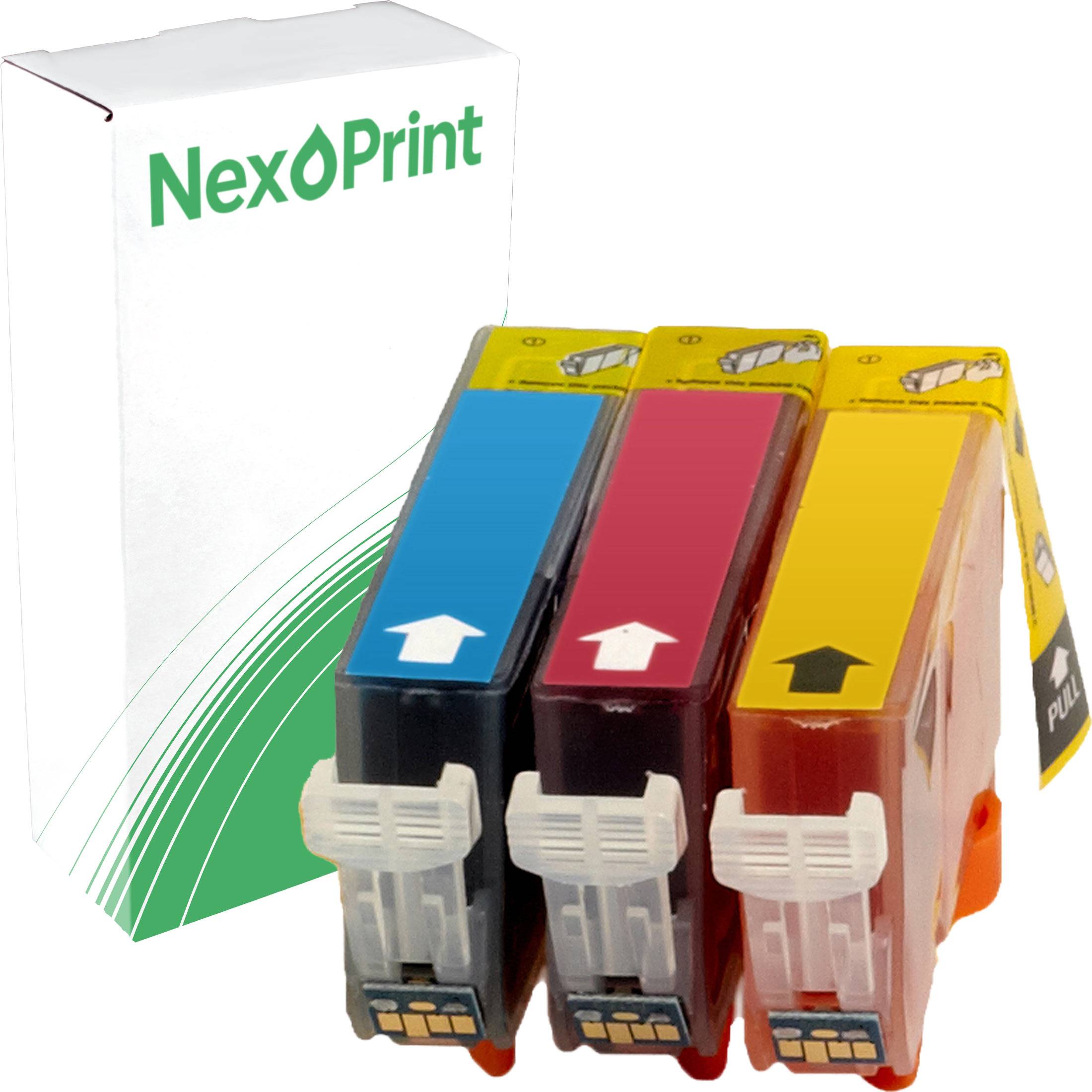 Drei Tintenpatronen in Grundfarben (Cyan, Magenta, Gelb) neben einer NexPrint-Verpackung, so angeordnet, dass die Produktkompatibilität hervorgehoben wird.