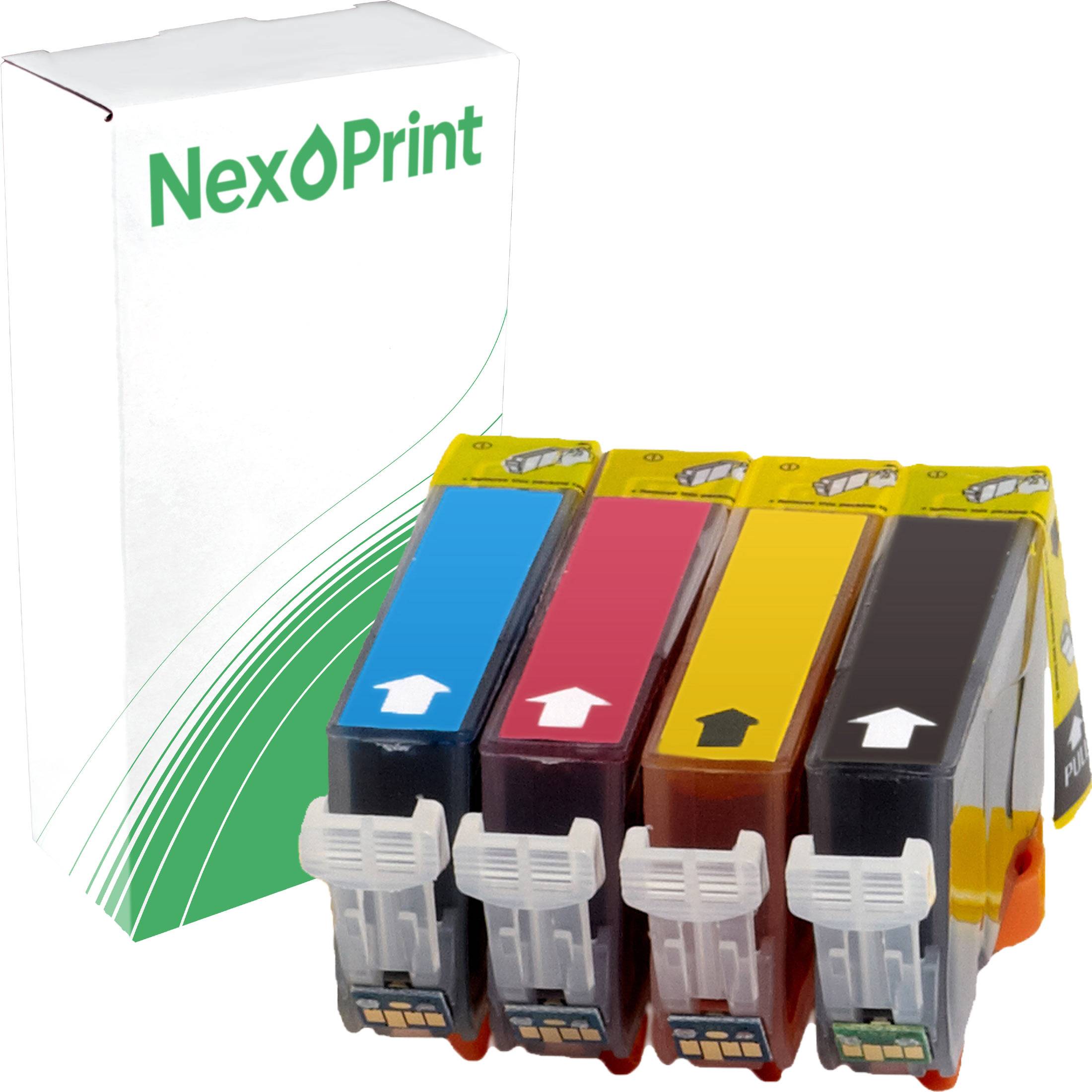 Eine Tintenpatronenbox der Marke 'NexPrint' neben vier Tintenpatronen in Cyan, Magenta, Gelb und Schwarz.