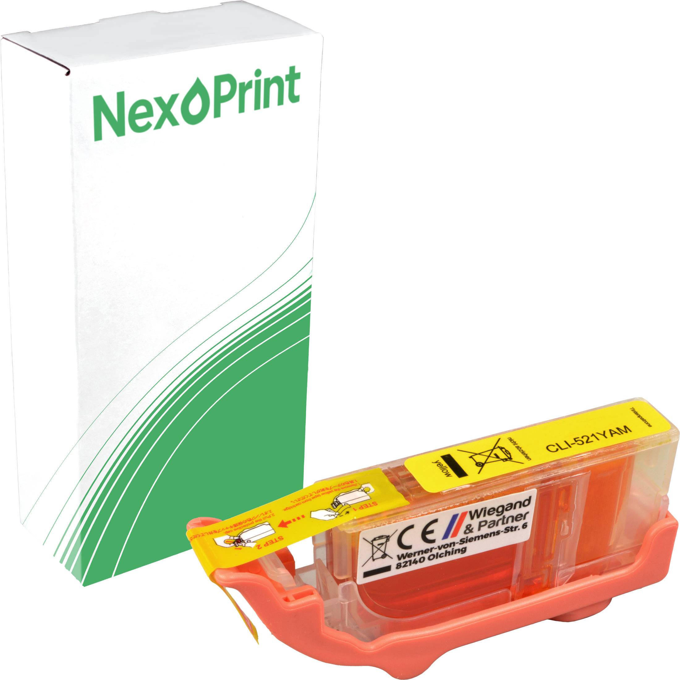 Druckerpatronen mit gelber Beschriftung, begleitet von einer weiß-grünen Schachtel mit der Aufschrift „NexPrint