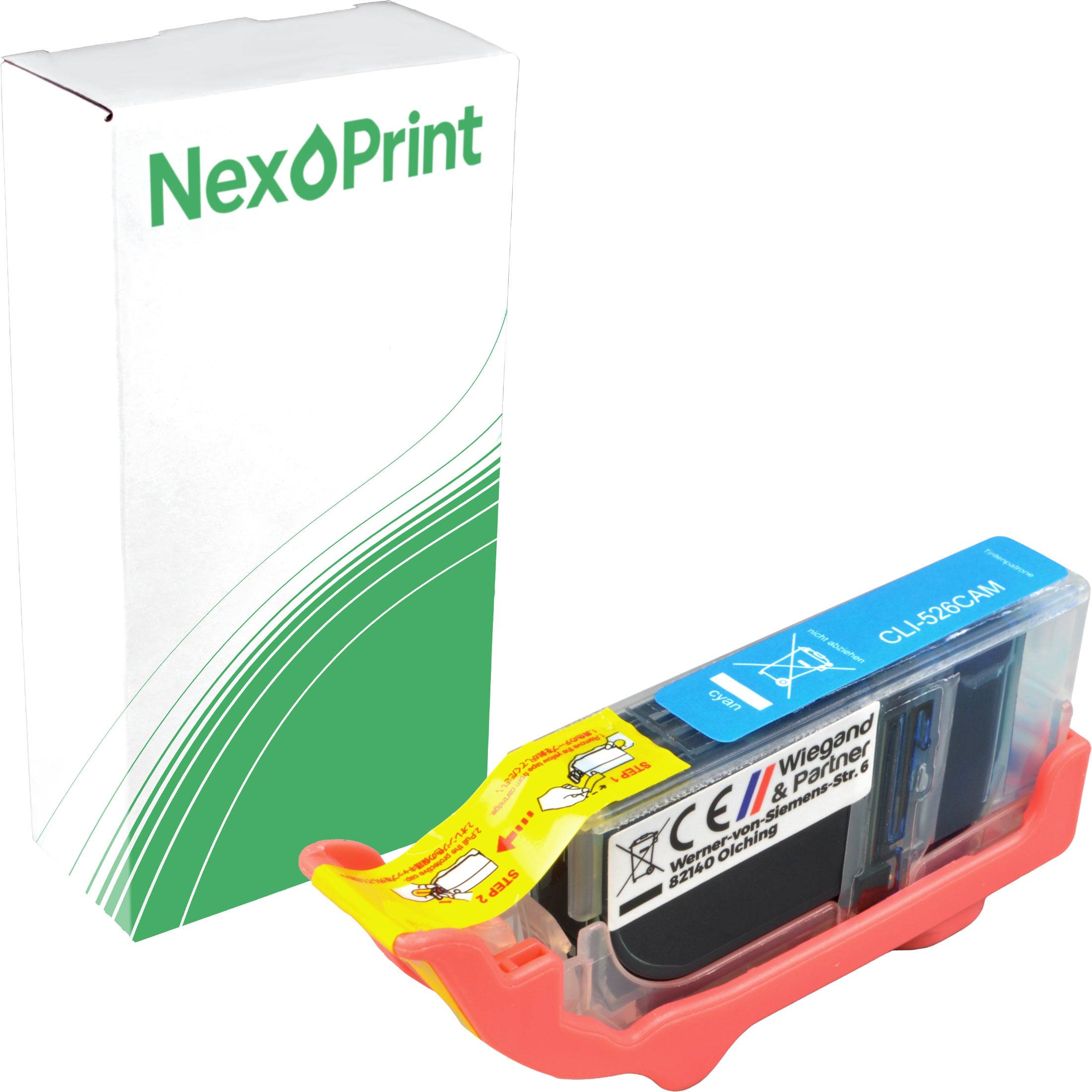 Eine Verpackung mit der Markenbezeichnung 'NexPrint' für Tintenpatronen und eine kompatible Tintenpatrone mit der Modellbezeichnung 'CL-525C', die im Vordergrund präsentiert wird.