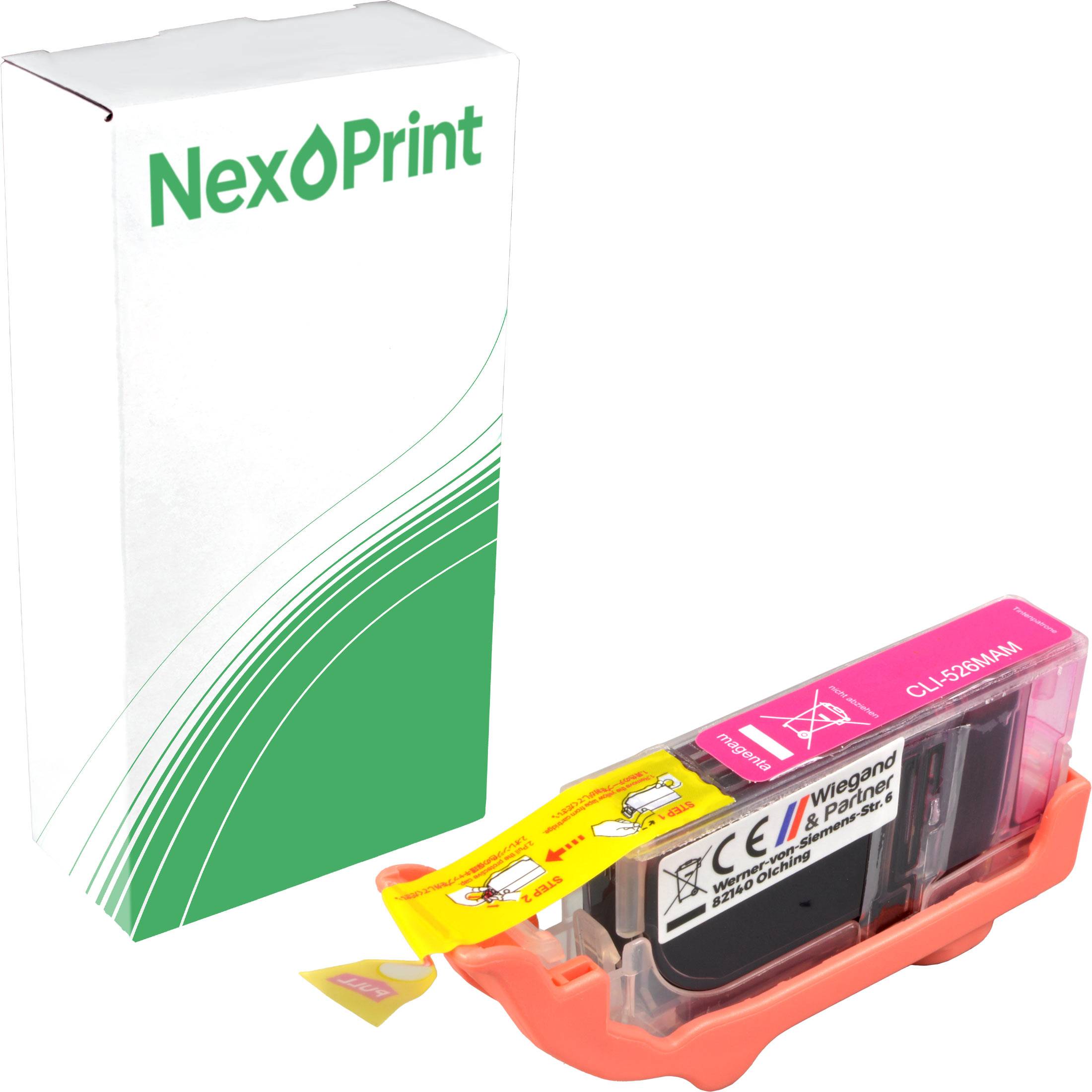 Tintenpatrone mit der Bezeichnung 'CLI-526M' mit einem rosa Aufkleber, die in der Nähe einer Schachtel mit dem Aufdruck 'NexPrint' platziert ist.