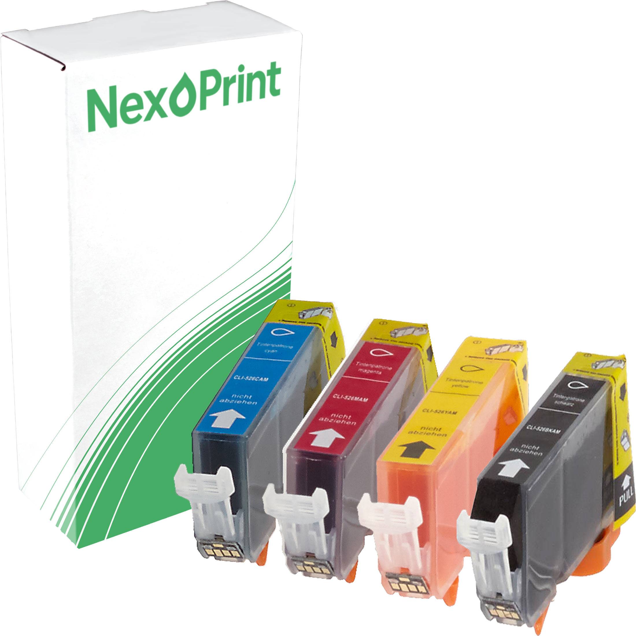 Vier farbenfrohe Druckertintenpatronen sind neben einer weißen Schachtel mit der Aufschrift 