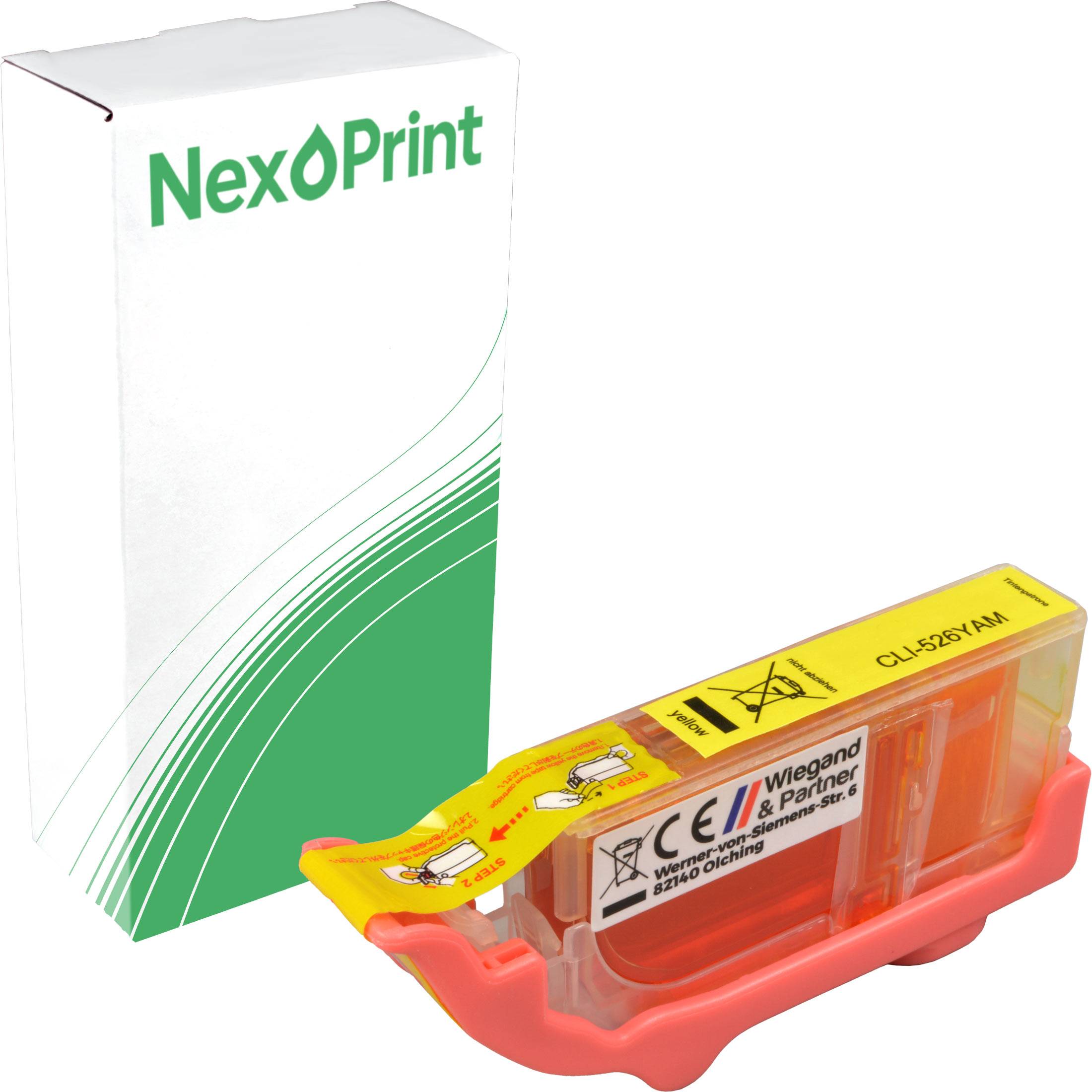 NexøPrint' Markentintenpatrone in Verpackung und eine orangefarbene Tintenpatrone daneben, versehen mit Sicherheitsetiketten.