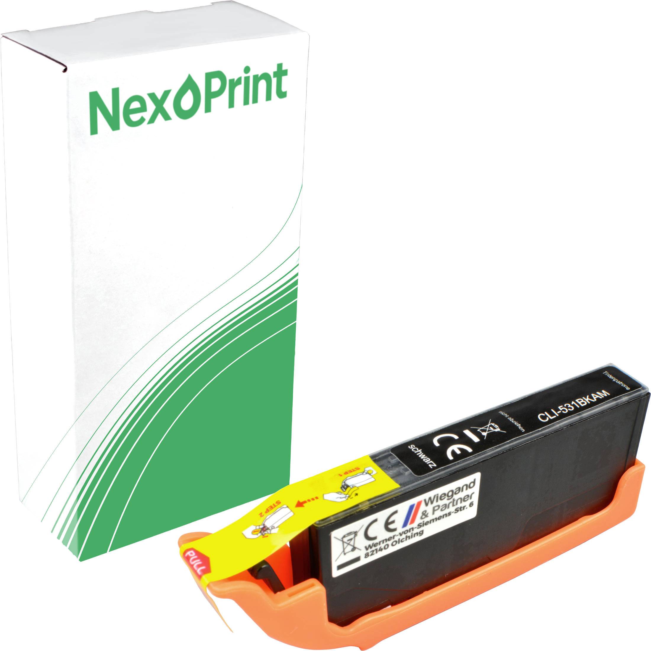 Das Bild zeigt eine NexPrint-Tintenpatronenschachtel neben einer CL-551XXL PM-Tintenpatrone mit einem schwarzen Etikett und weißem Text.