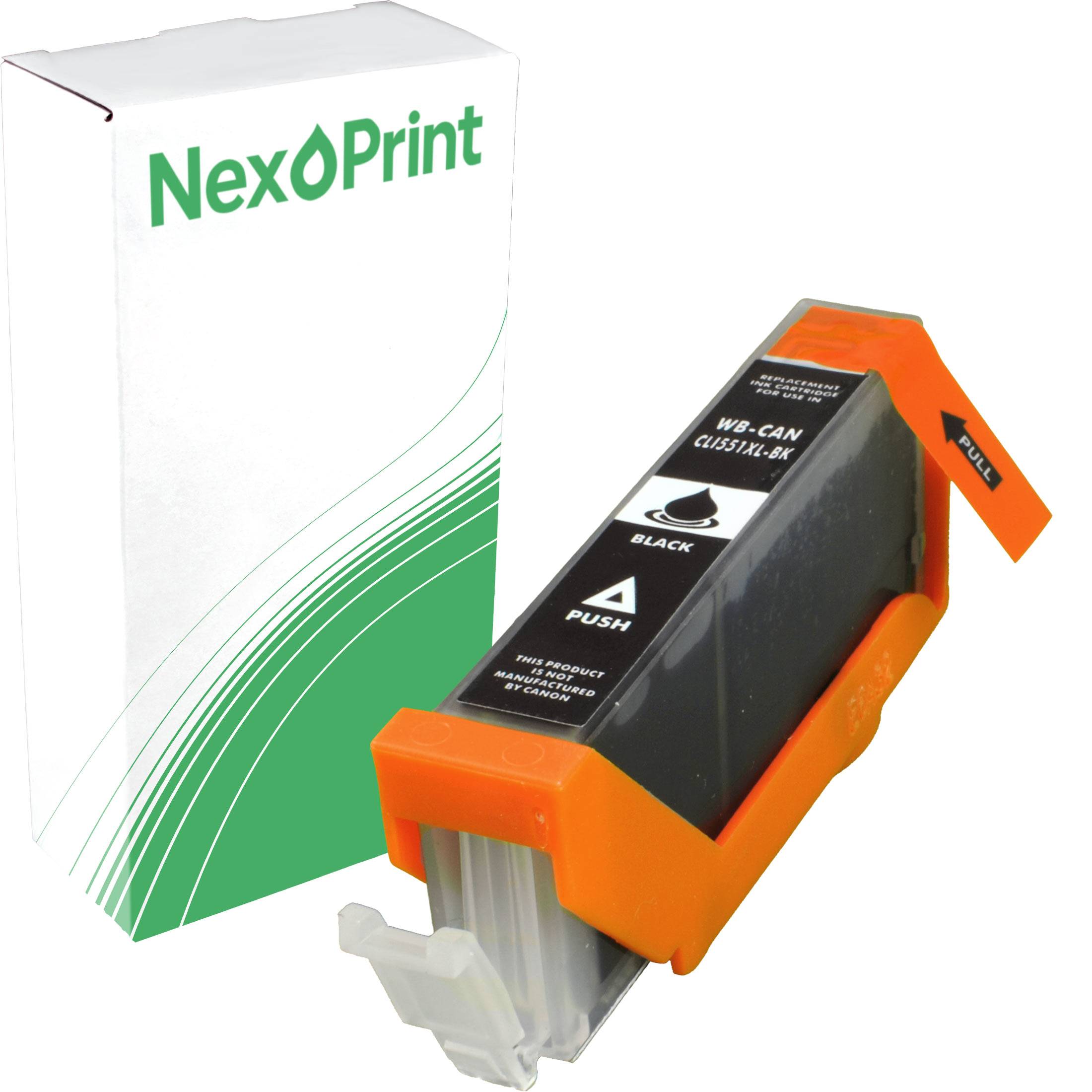 Bild einer NexPrint-Tintenpatrone neben ihrer Verpackungsbox mit grün-weißem Design. Die Kartuschen sind als Drückmodell gekennzeichnet.