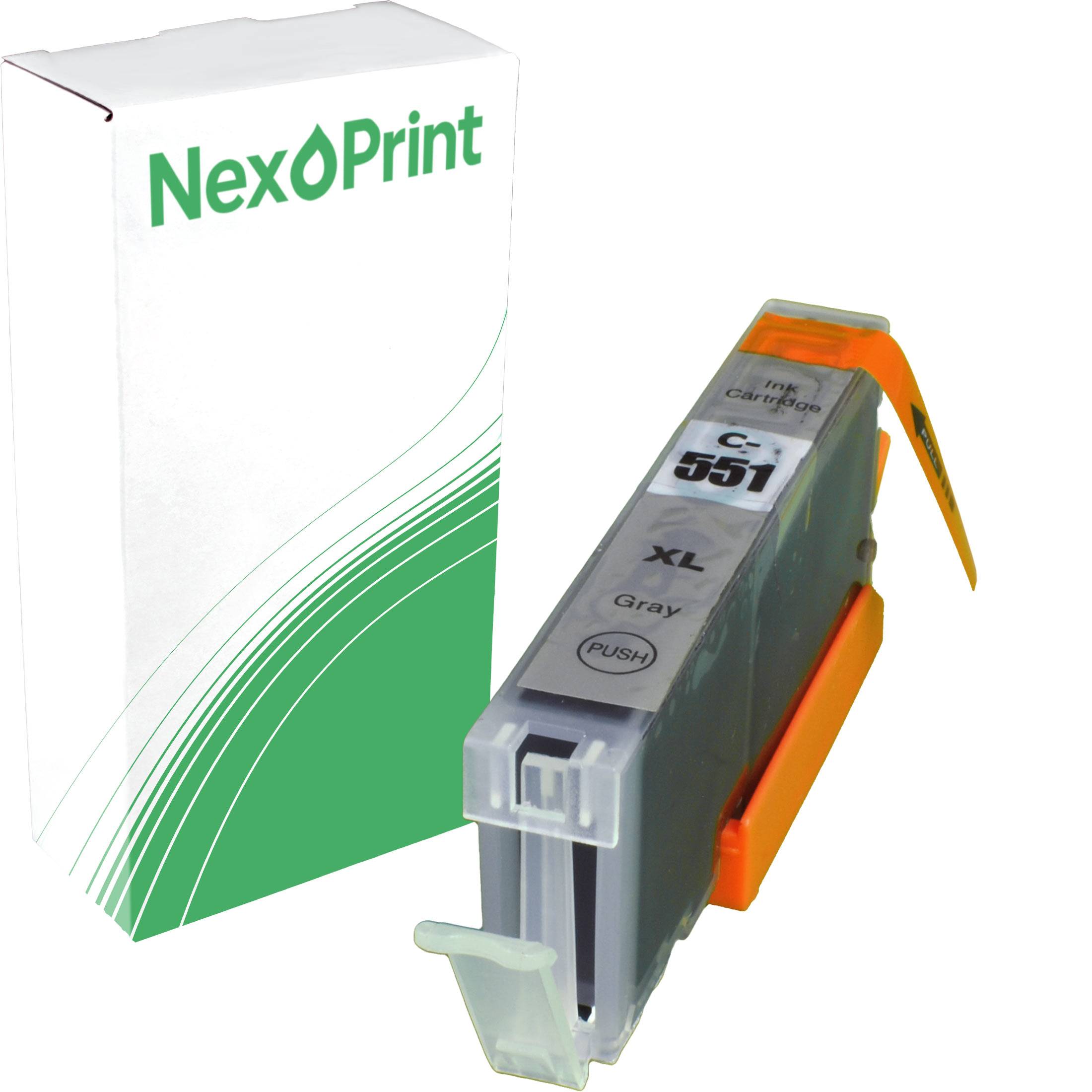 NexoPrint' Grautintenpatrone mit einer grün-weißen Verpackungsgestaltung. Patrone mit der Aufschrift 'C-551 XL Grau Push'.