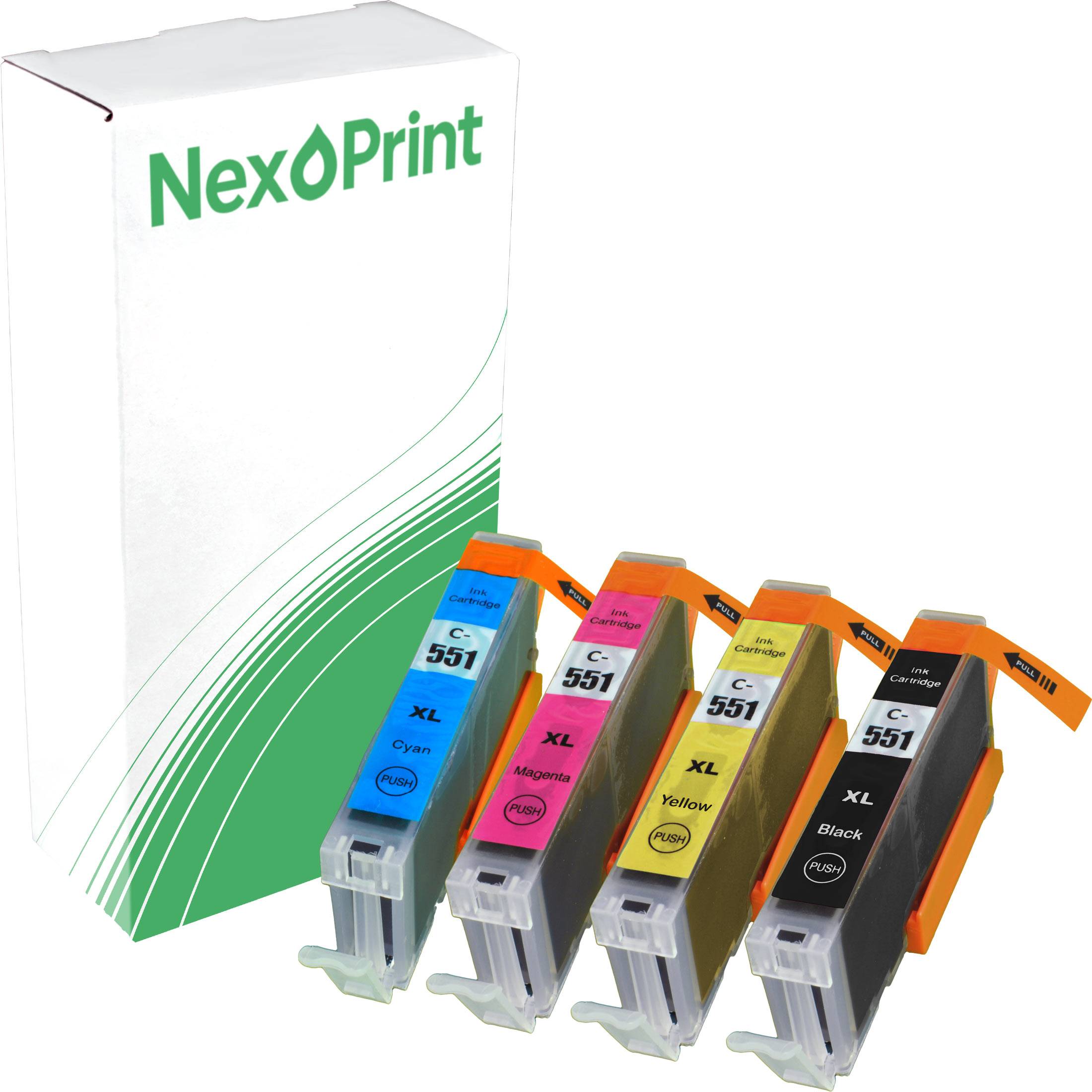 Eine 'NexPrint' Druckerpatronen-Box mit fünf Tintenpatronen in Cyan, Magenta, Gelb und Schwarz, die vorne platziert ist und die XL-Größe anzeigt.