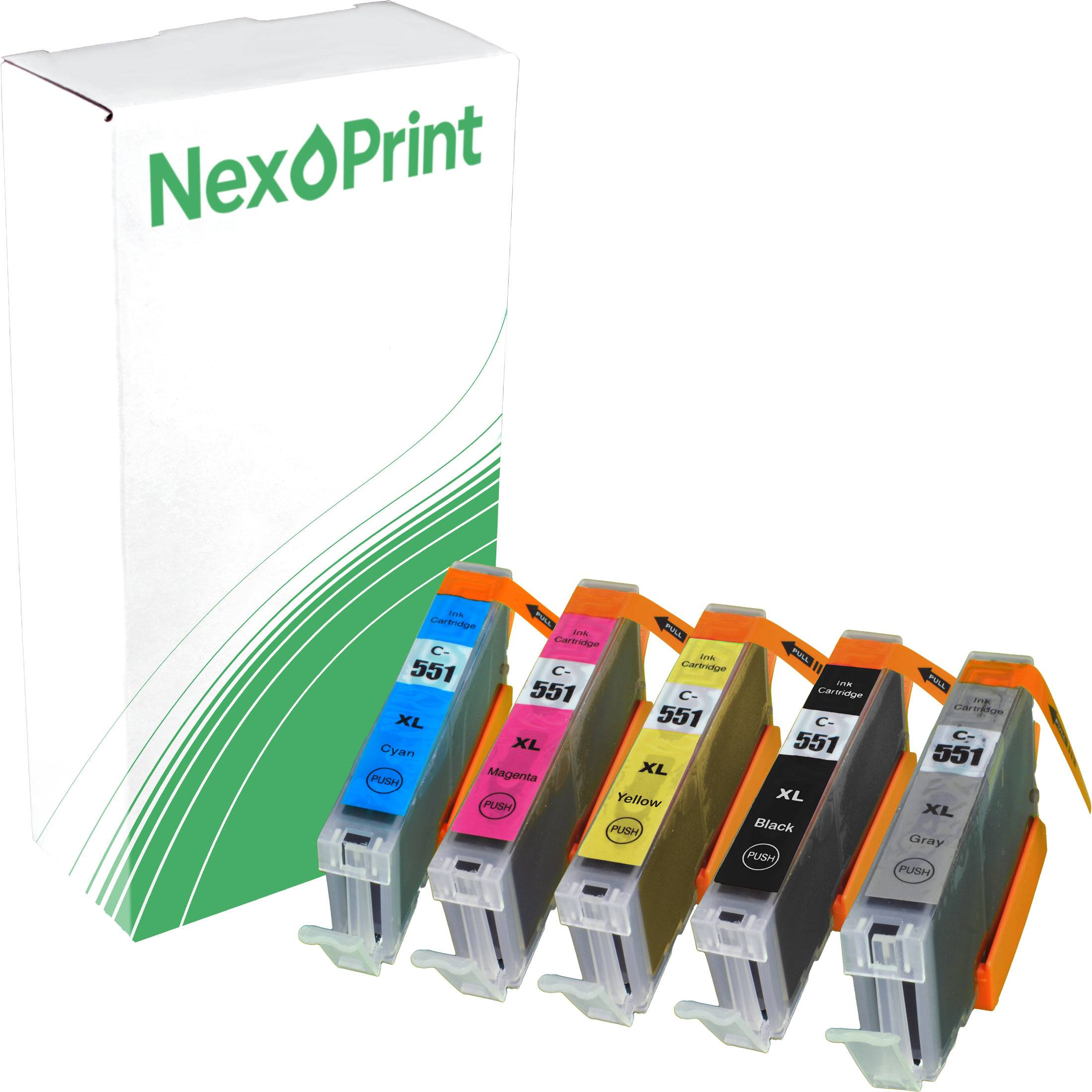 Fünf Tintenpatronen in Cyan, Magenta, Gelb, Schwarz und Grau, mit XL beschriftet, werden neben einer NexPrint-Verpackung präsentiert.