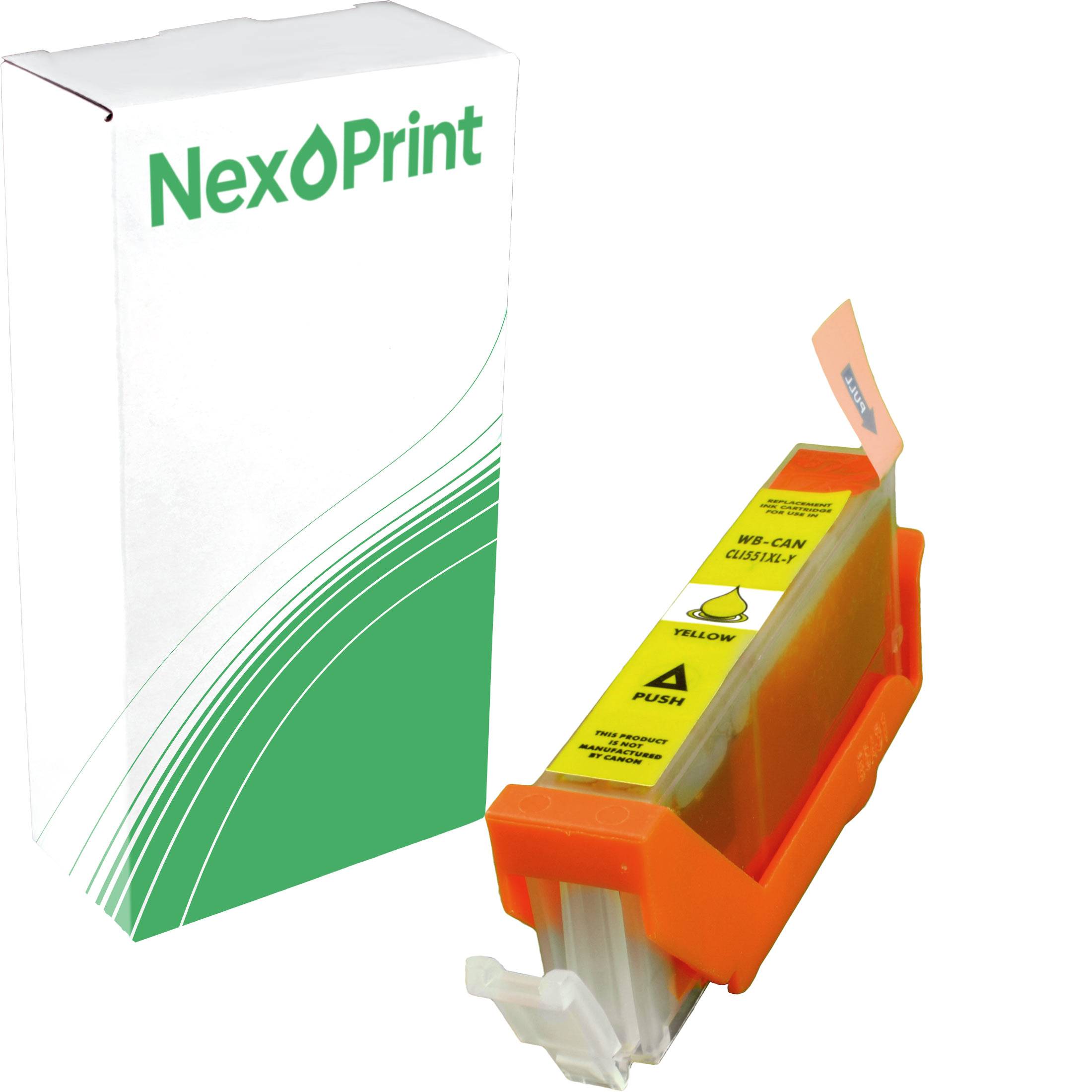 Nex Print' Tintenpatronen-Verpackung mit gelber Patrone, die Anweisungen zum Einsetzen zeigt.