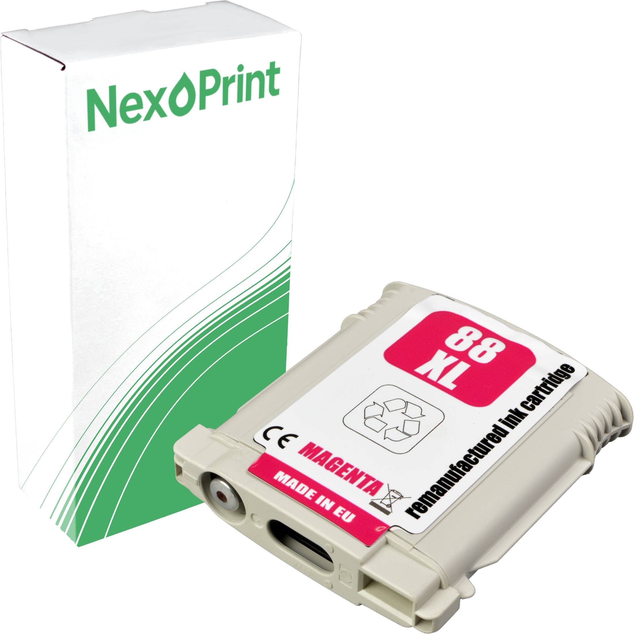 Verpackung für 'NexPrint' Tintenpatrone und Magenta 88 XL Tintenpatrone, gekennzeichnet als 'aufbereitet' und 'hergestellt in der EU'.