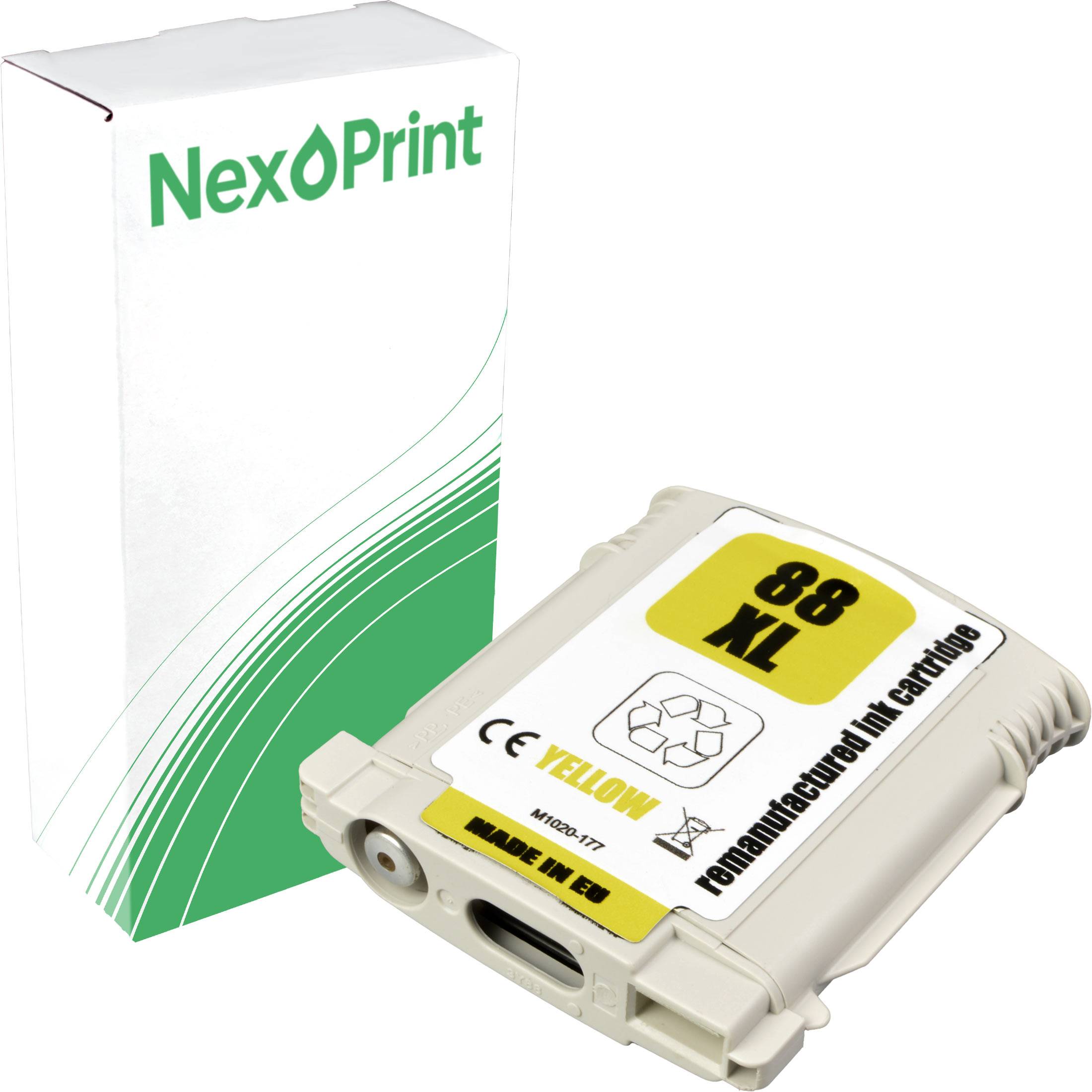 NexPrint'-Tintenpatronenschachtel und eine '88 XL Gelb'-Patrone mit Recycling-Symbol und dem Text 'Wiederbefüllte Tintenpatrone'.