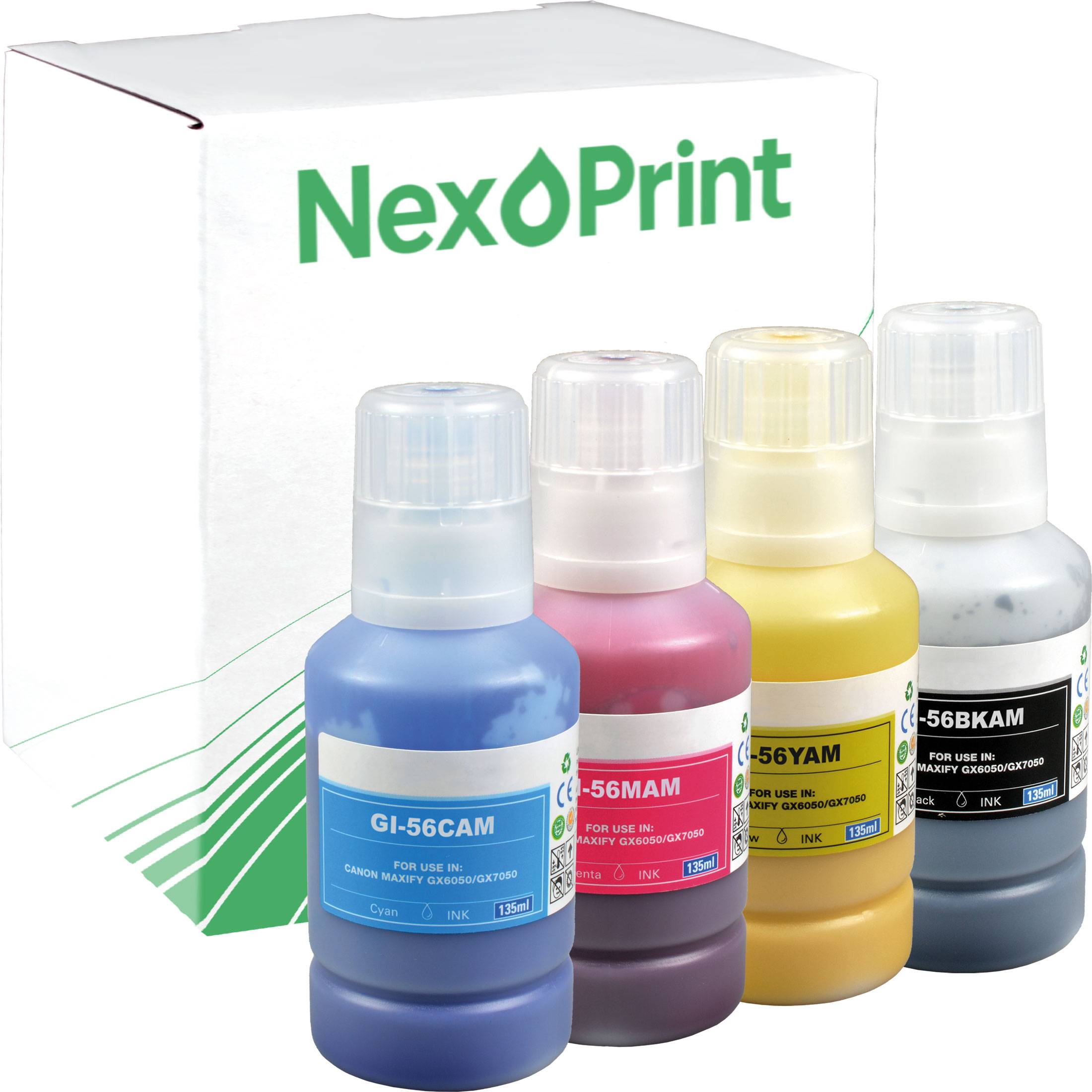 Druckertintennachfüllflaschen in Cyan, Magenta, Gelb und Schwarz neben einer weißen 'NexPrint' Markenverpackung.