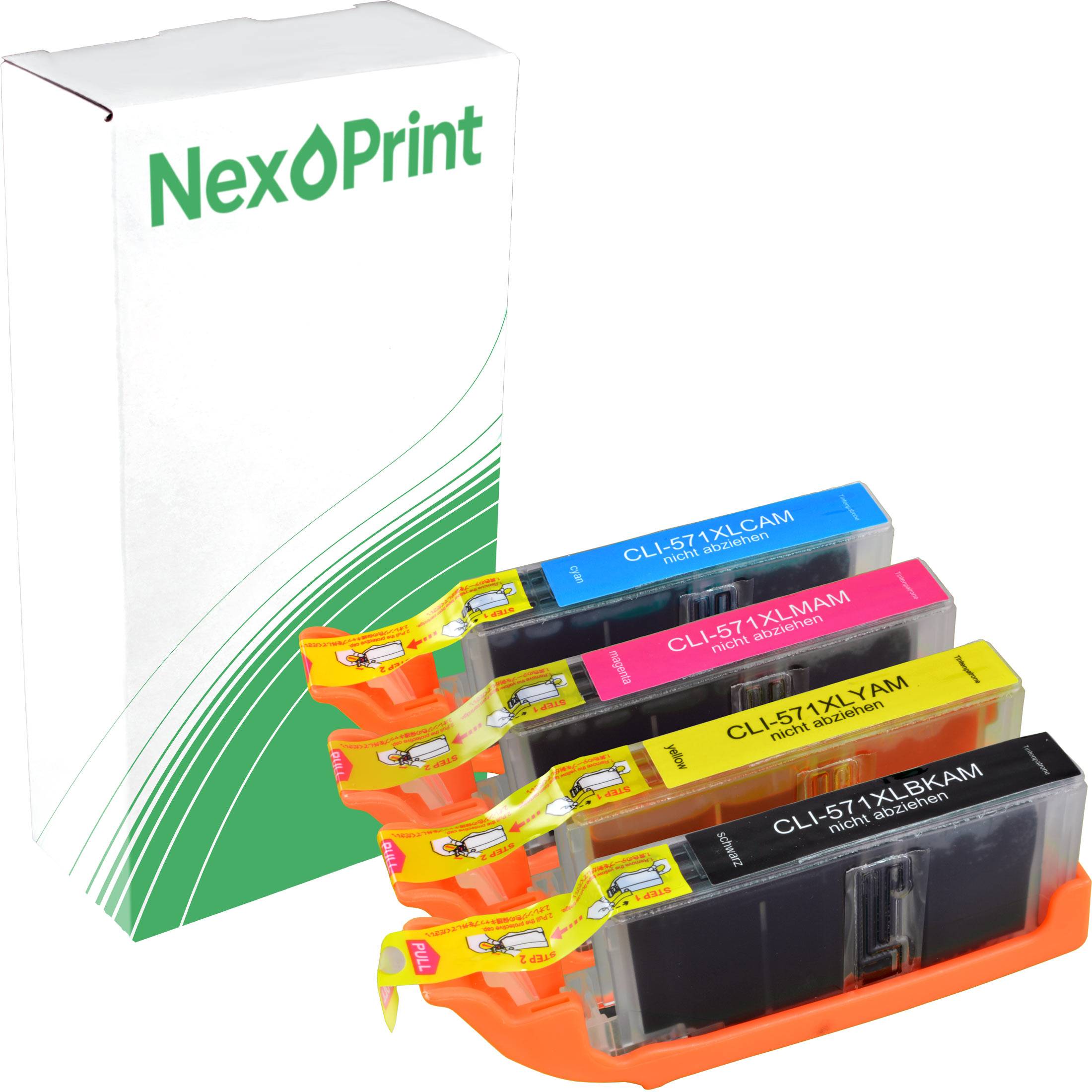 NexPrint-Verpackung mit vier Druckerpatronen in den Farben Cyan, Magenta, Gelb und Schwarz, wobei das nicht nachfüllbare Merkmal hervorgehoben wird.