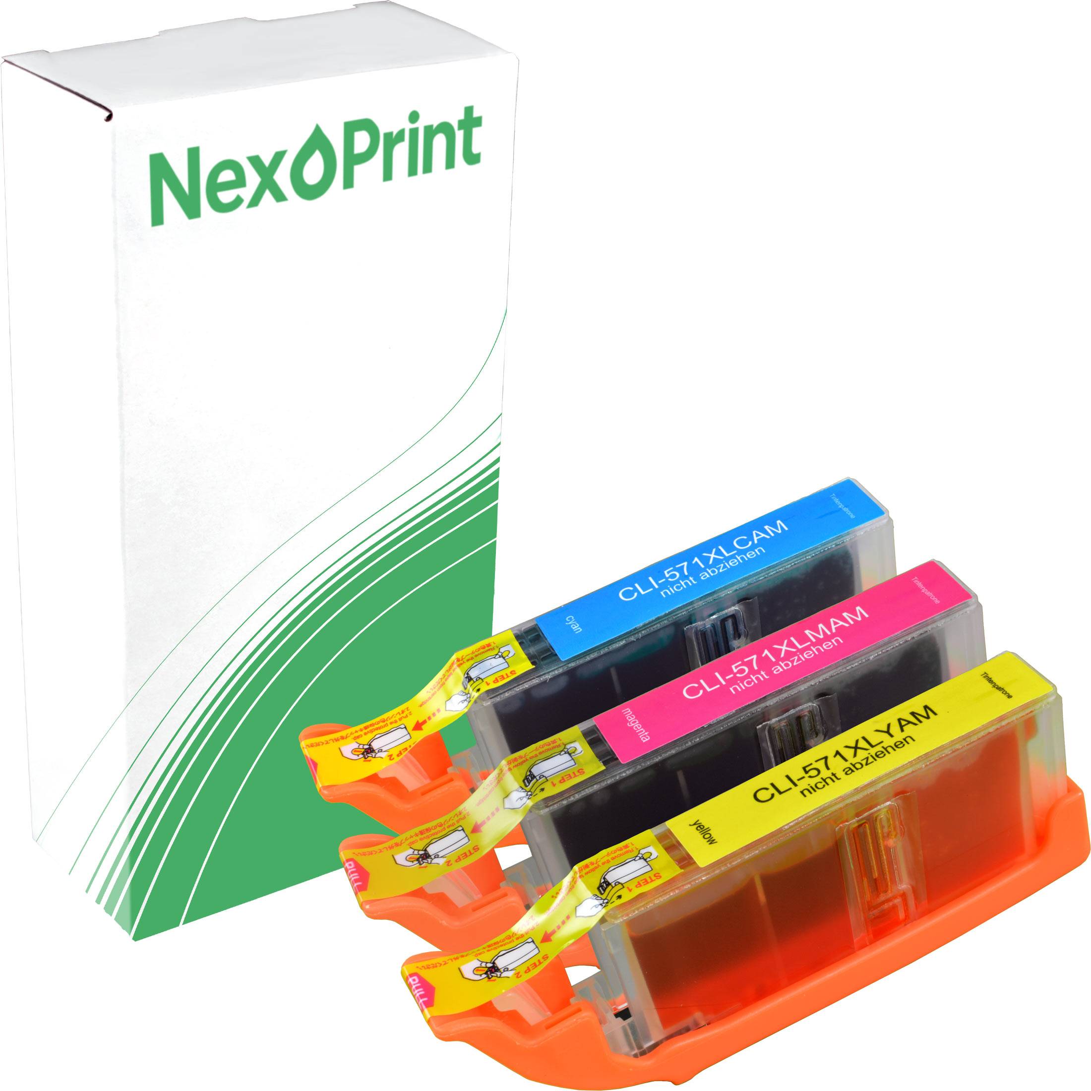 Satz von drei NexPrint-Tintenpatronen in Cyan, Magenta und Gelb neben der NexPrint-Verpackungsbox mit grünem Wellendesign.