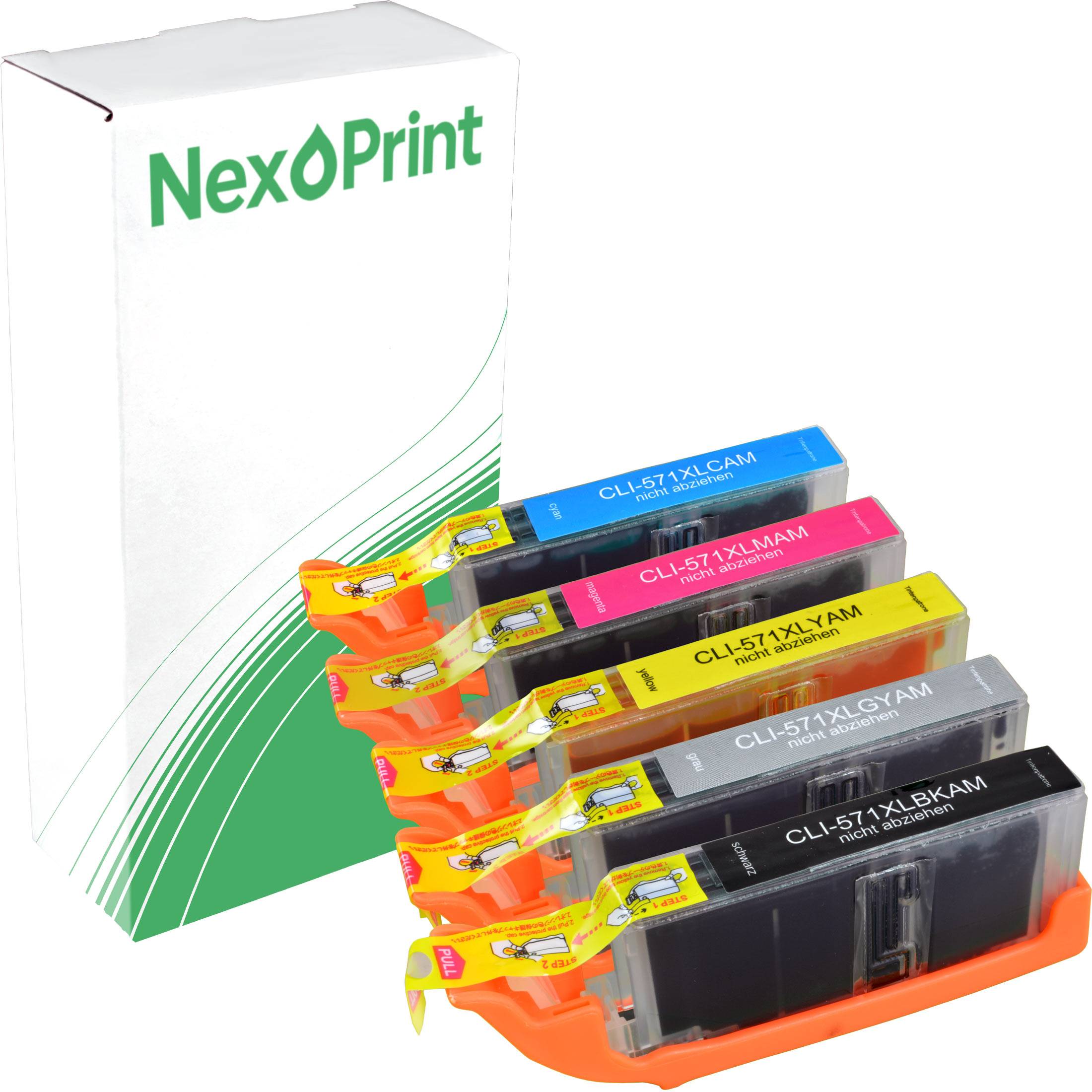 Eine 'NexPrint' Markenbox neben vier Tintenpatronen in verschiedenen Farben: schwarz, cyan, magenta und gelb, jeweils mit Modellnummern beschriftet.