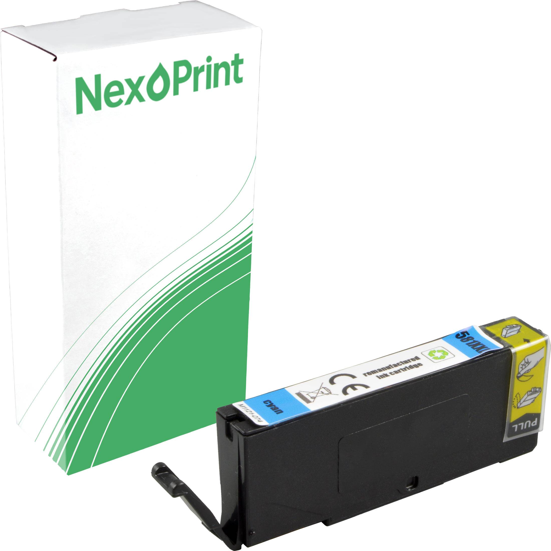 Schwarze Druckerpatrone mit Abreißlasche, neben einer weißen Schachtel mit der Aufschrift NexPrint und einem grünen Logo und Design.