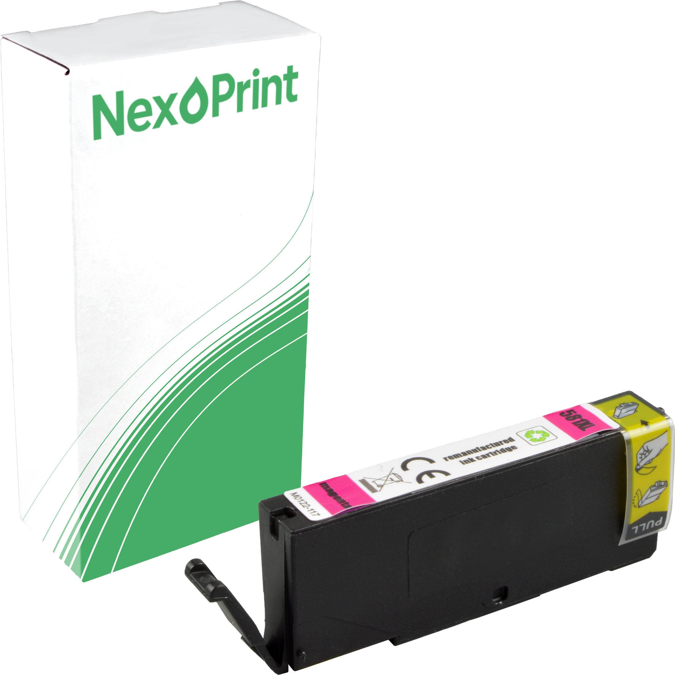 Schwarze Druckerpatrone mit 'NexPrint'-Schachtel im Hintergrund. Die Patrone hat ein pinkes Etikett und eine gelbe Zuglasche.