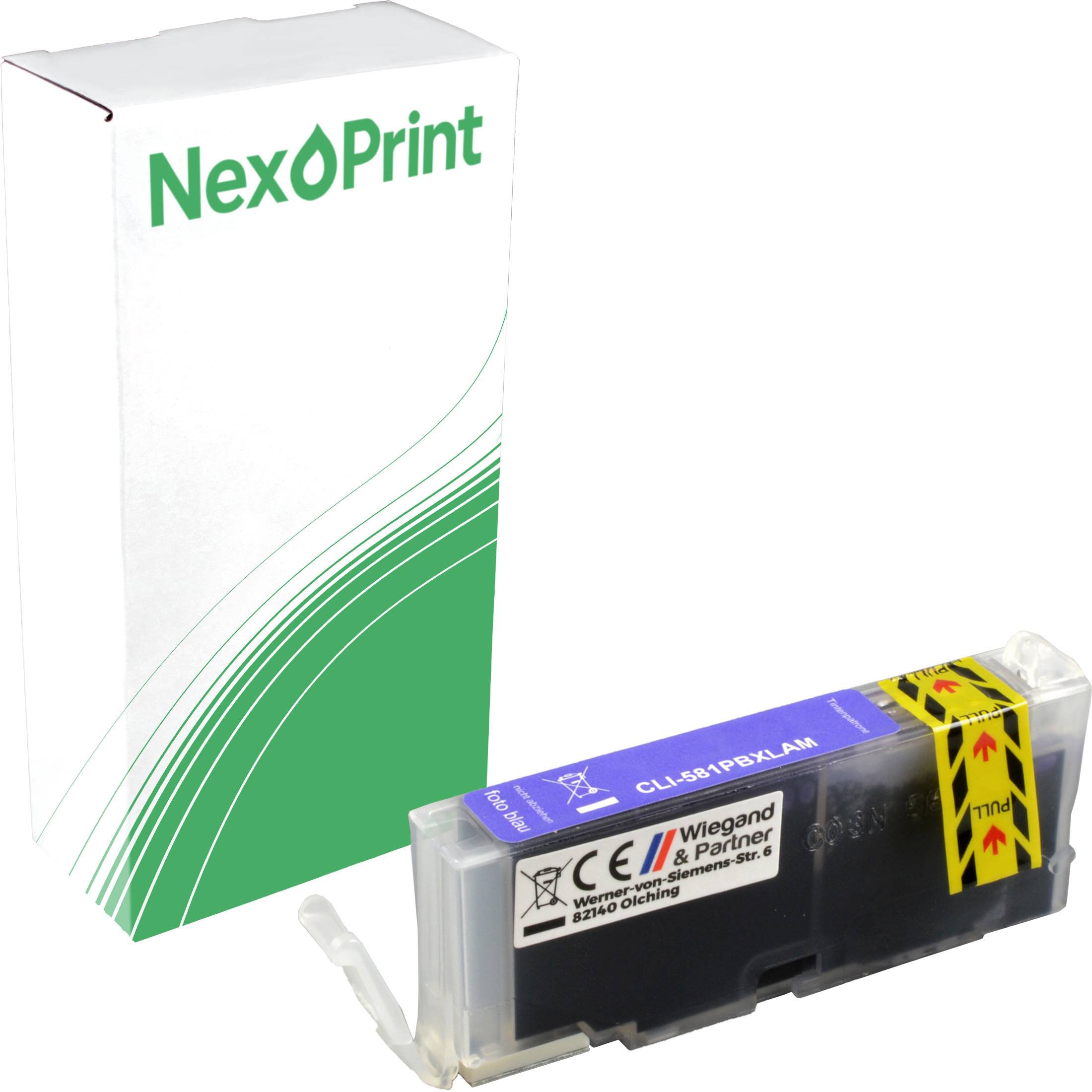 Mit NexPrint beschriftete Box' mit einer Tintenpatrone davor, die ein Fassungsvermögen von '17 ml' anzeigt.