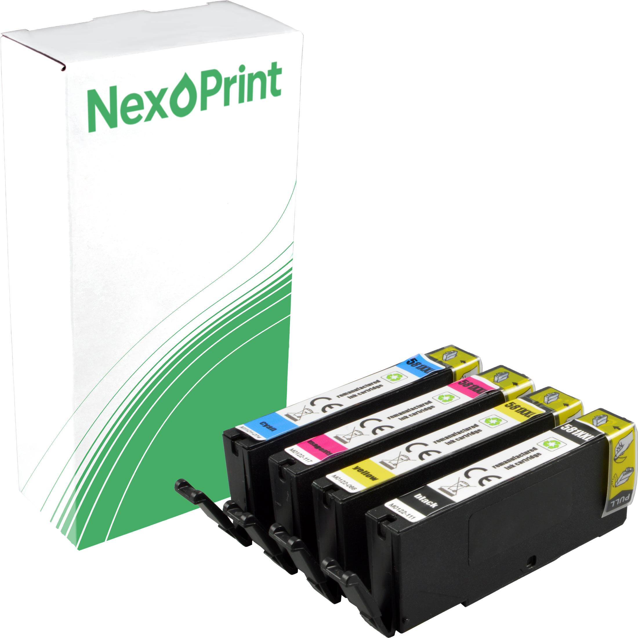 Vier Tintenpatronen in Schwarz, Cyan, Magenta und Gelb sind vor einer NexPrint-Verpackungsbox mit grünen Designelementen ausgerichtet.