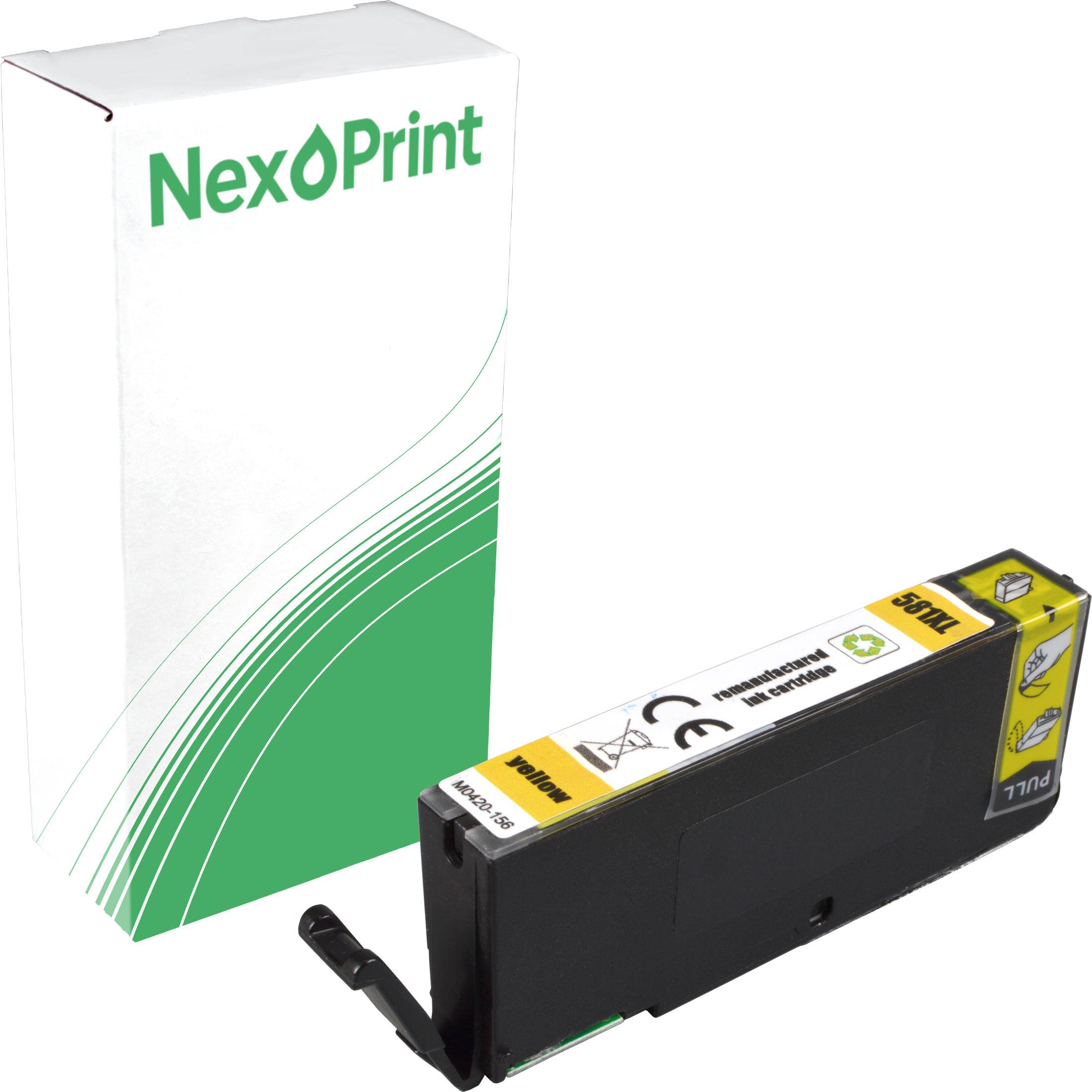 NexPrint Tintenpatrone mit einer Verpackung in Schwarz und Gelb, die eine Ersatzkartusche zeigt, mit Schwerpunkt auf hochwertigen Druck.
