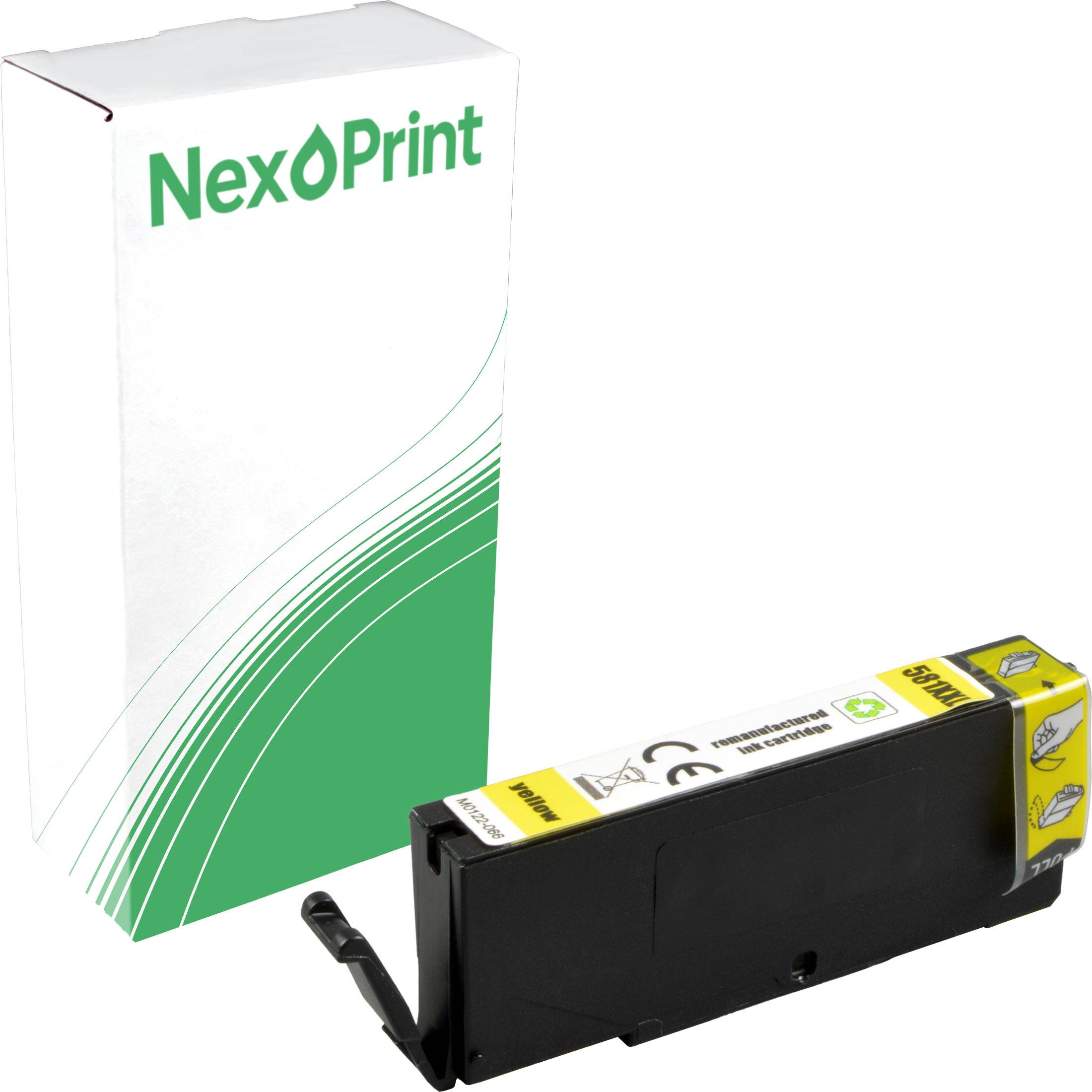 Schwarze 'NexPrint' Tintenpatrone mit gelbem Etikett, diagonal vor der weiß-grünen NexPrint-Verpackungsbox positioniert.