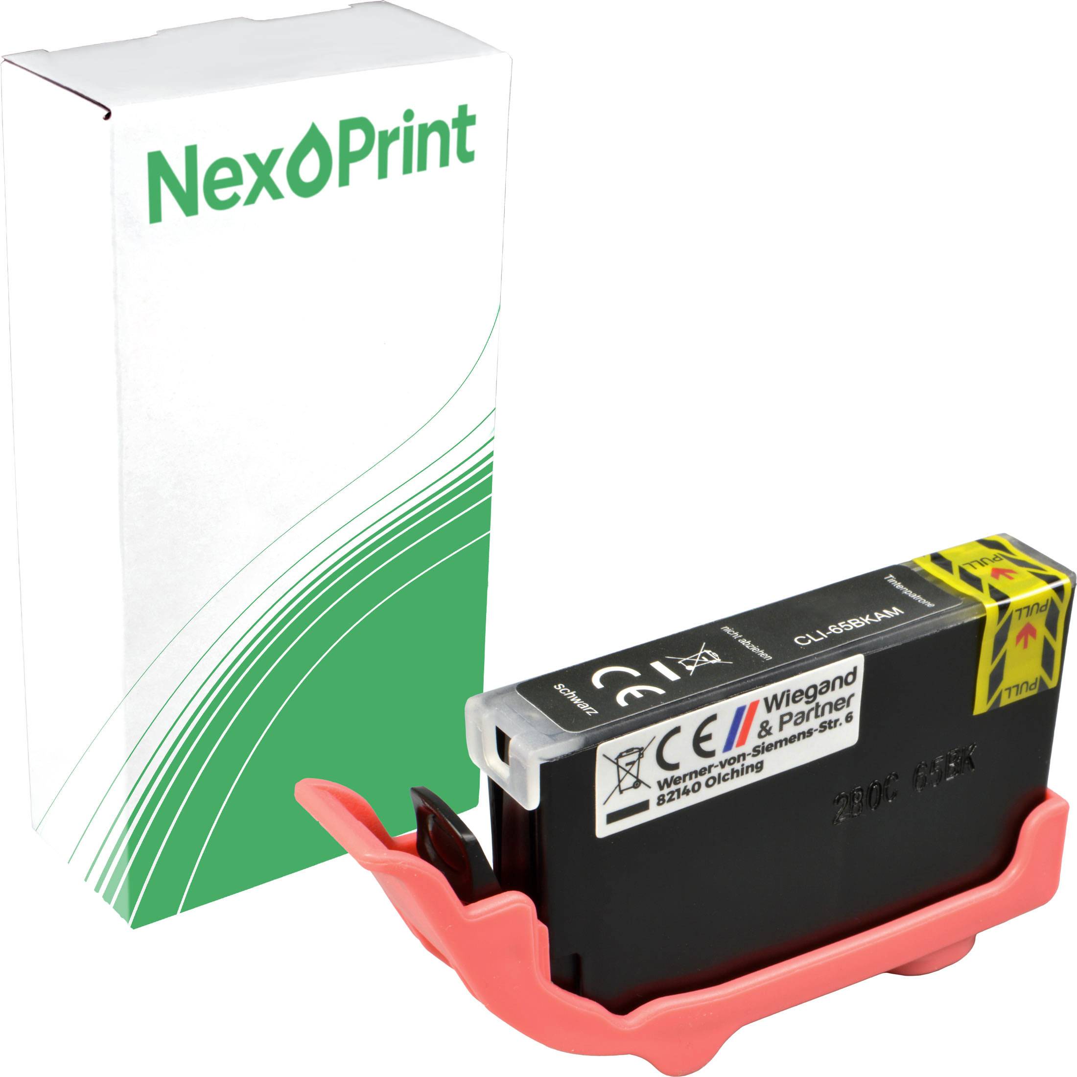 Eine 'NexPrint' Marken-Tintenpatrone neben ihrer Verpackung mit grün-weißem Kartondesign.