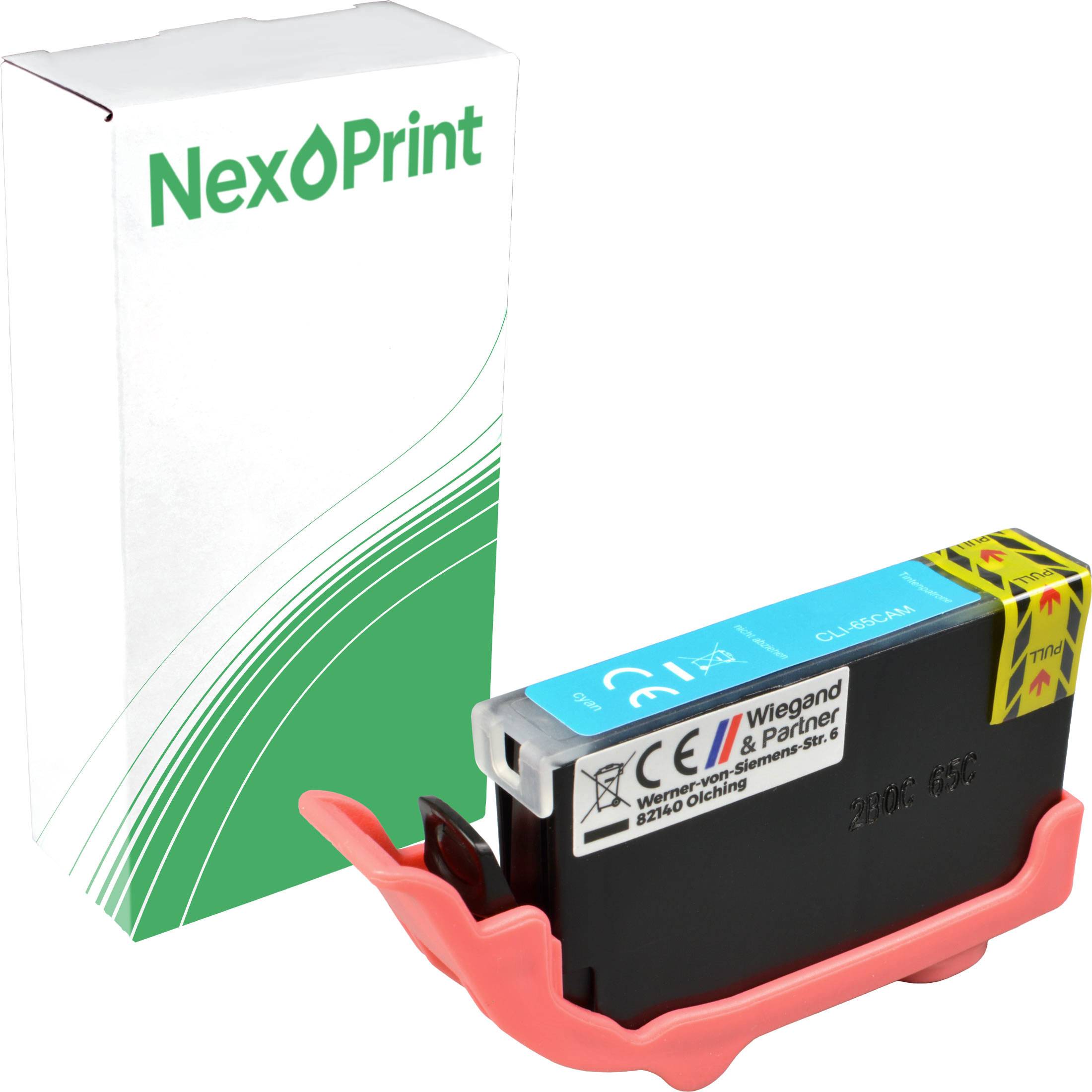 Tintenpatrone mit blauem Etikett in einem orangefarbenen Schutzhalter vor einer NexPrint-Verpackung.