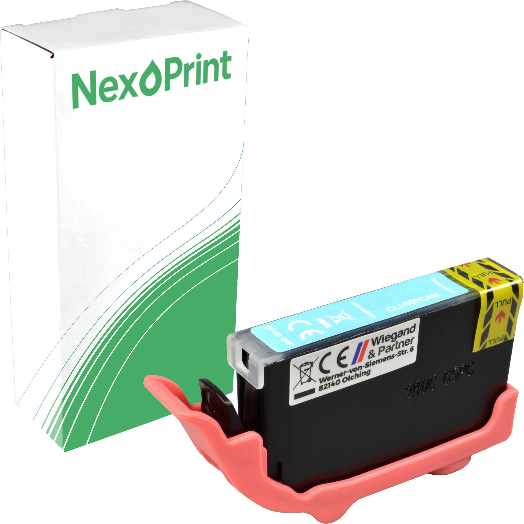 Eine Tintenpatrone von NexPrint, kompatibel mit bestimmten Druckern. Die blauen und gelben Etiketten zeigen die Farbe an.