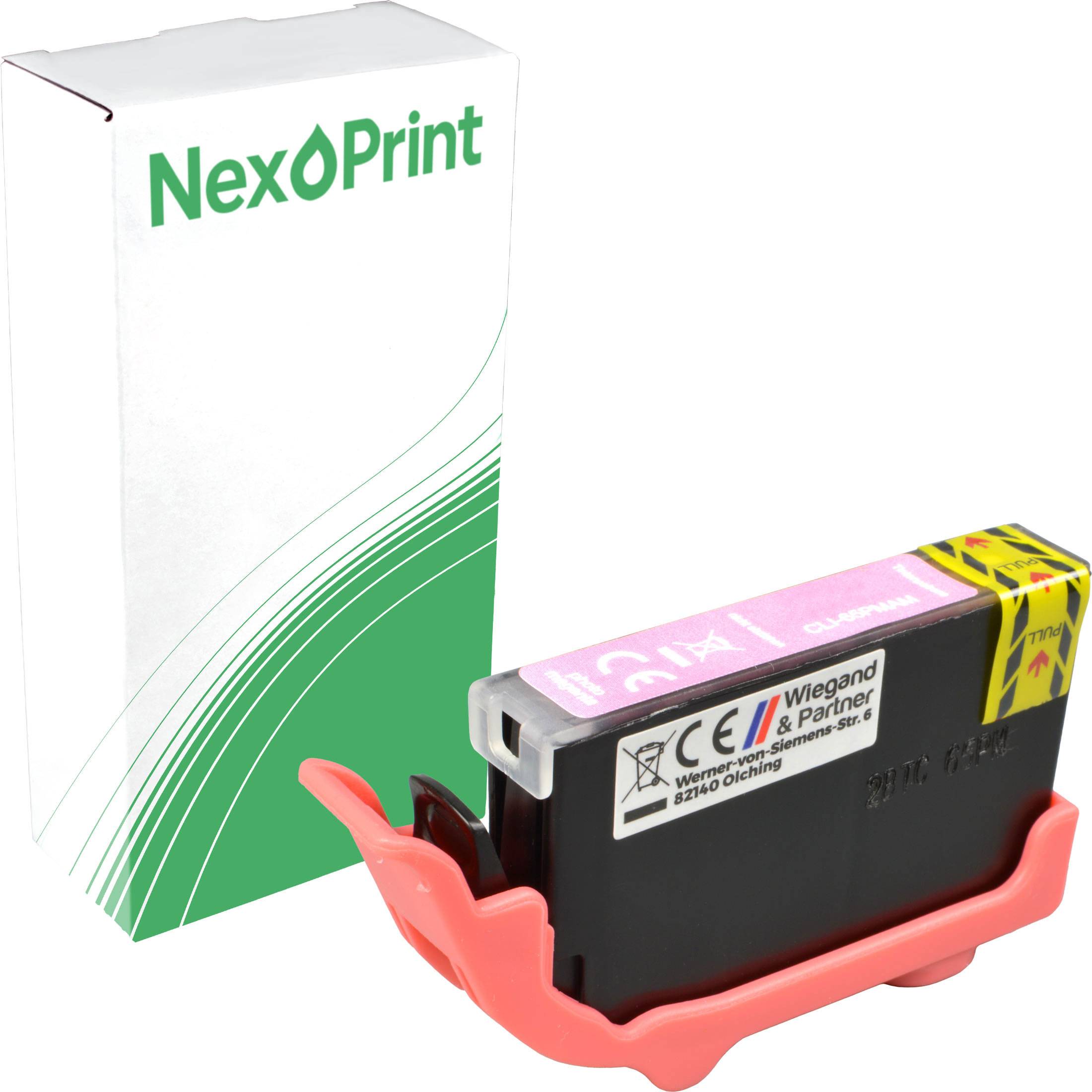 Tonerkartusche. Eine rosa Tintenkartusche in einem Halter; neben einer weiß-grünen 'NexPrint' Verpackungsbox.