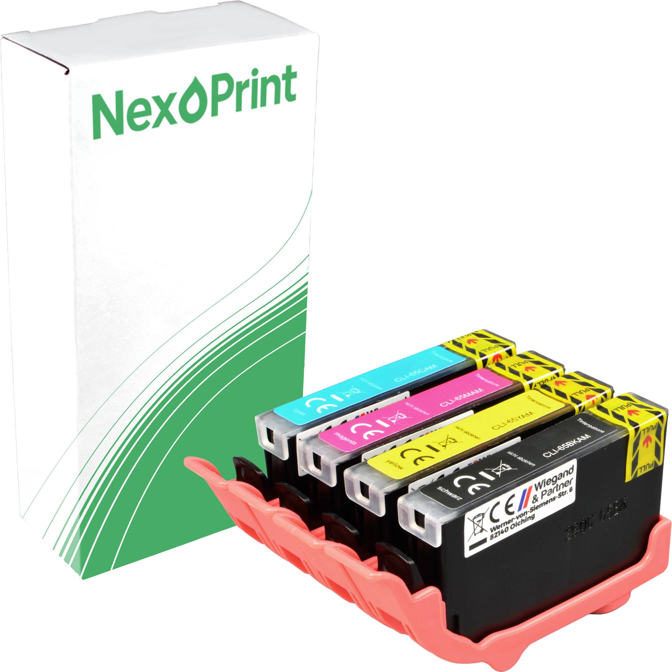 Vier farbige Druckerpatronen (Cyan, Magenta, Gelb, Schwarz) werden in einem Halter präsentiert. Eine Markenbox mit der Aufschrift 'NexPrint' befindet sich im Hintergrund.