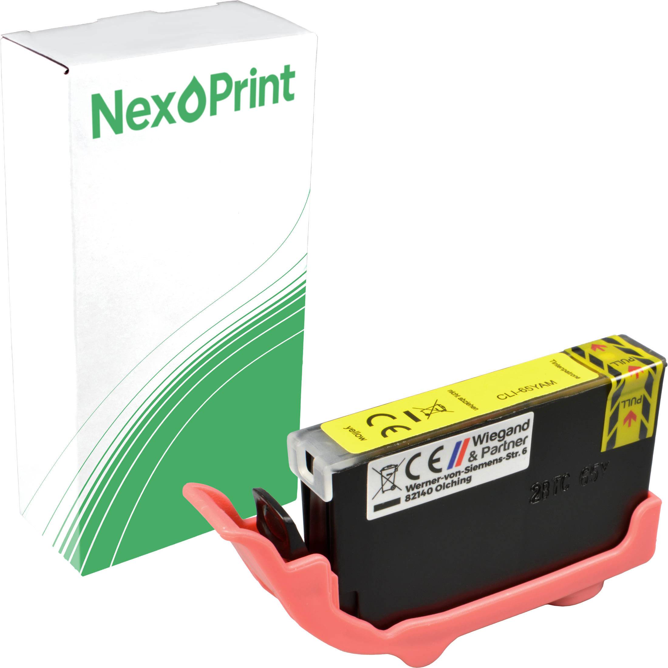 Eine NexPrint-Druckerpatrone mit gelber Etikette in einem Halter, positioniert vor einer weißen und grünen NexPrint-Markenbox.
