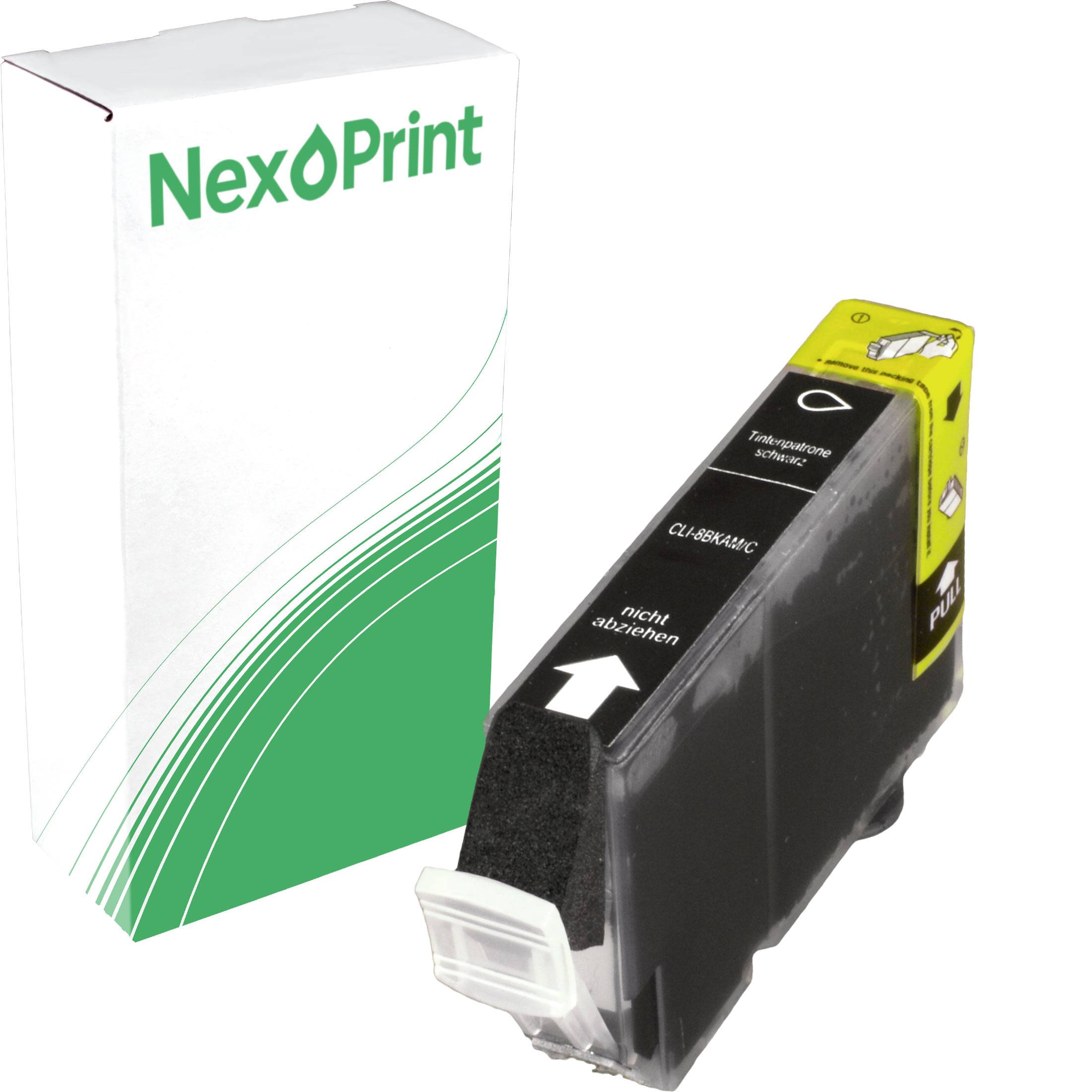 Tintenpatrone in Schwarz, beschriftet mit 'NexPrint' neben einer weiß-grünen Schachtel mit derselben Markenbezeichnung. Geeignet für bestimmte Druckermodelle.