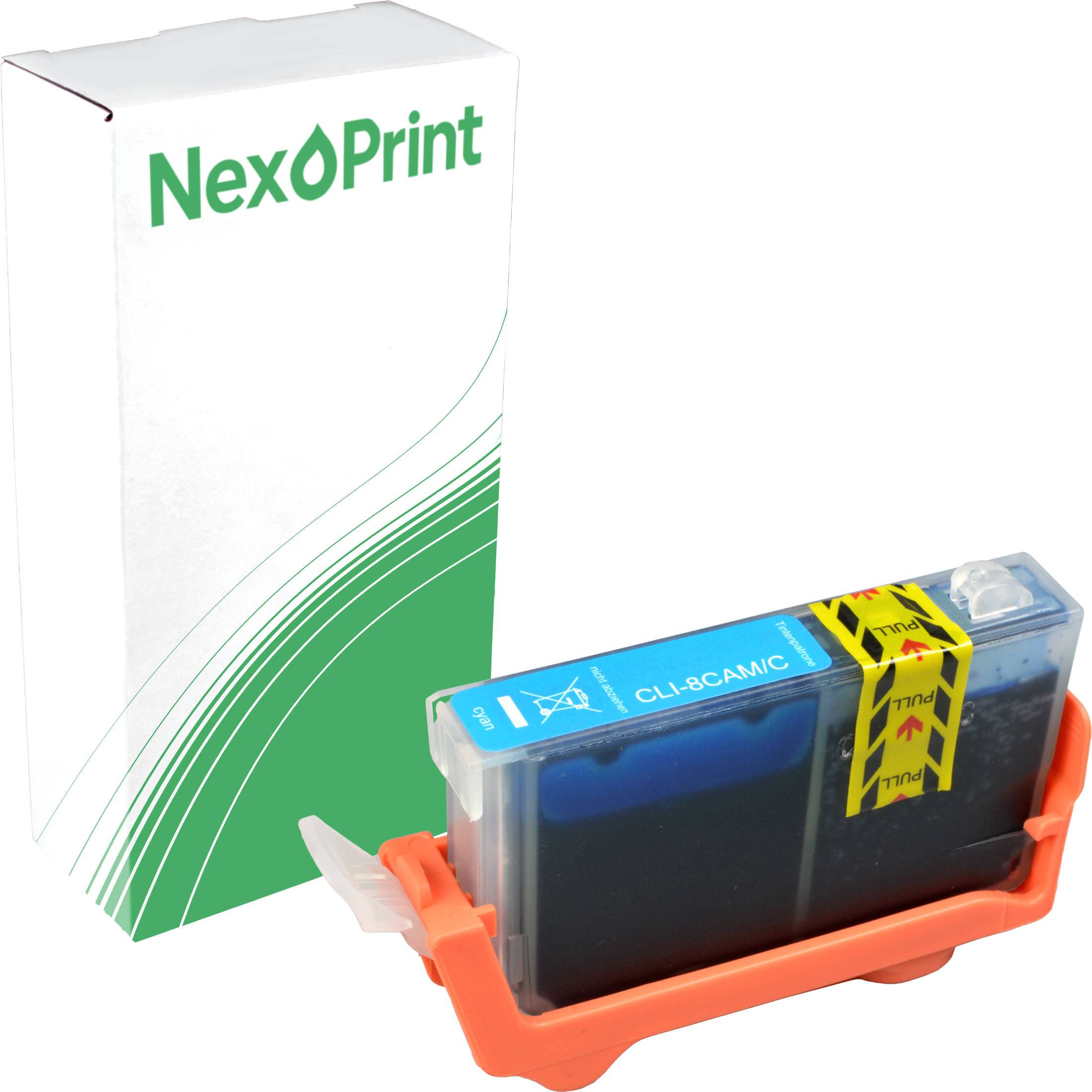 Tintenpatrone mit der Bezeichnung 'CLI-8C/M/G', neben einer NexPrint-Box, was auf einen Tintenkartuschen- oder Tonerersatz für einen Drucker hinweist.