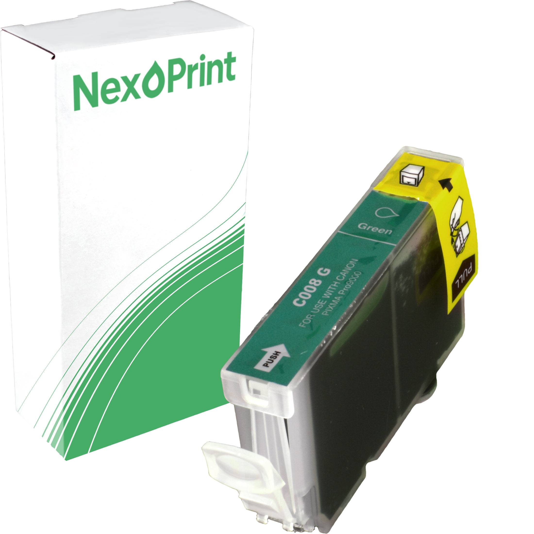NexPrint' Verpackung und eine schwarze Druckerpatrone mit der Beschriftung 'C008 G, Grün'.
