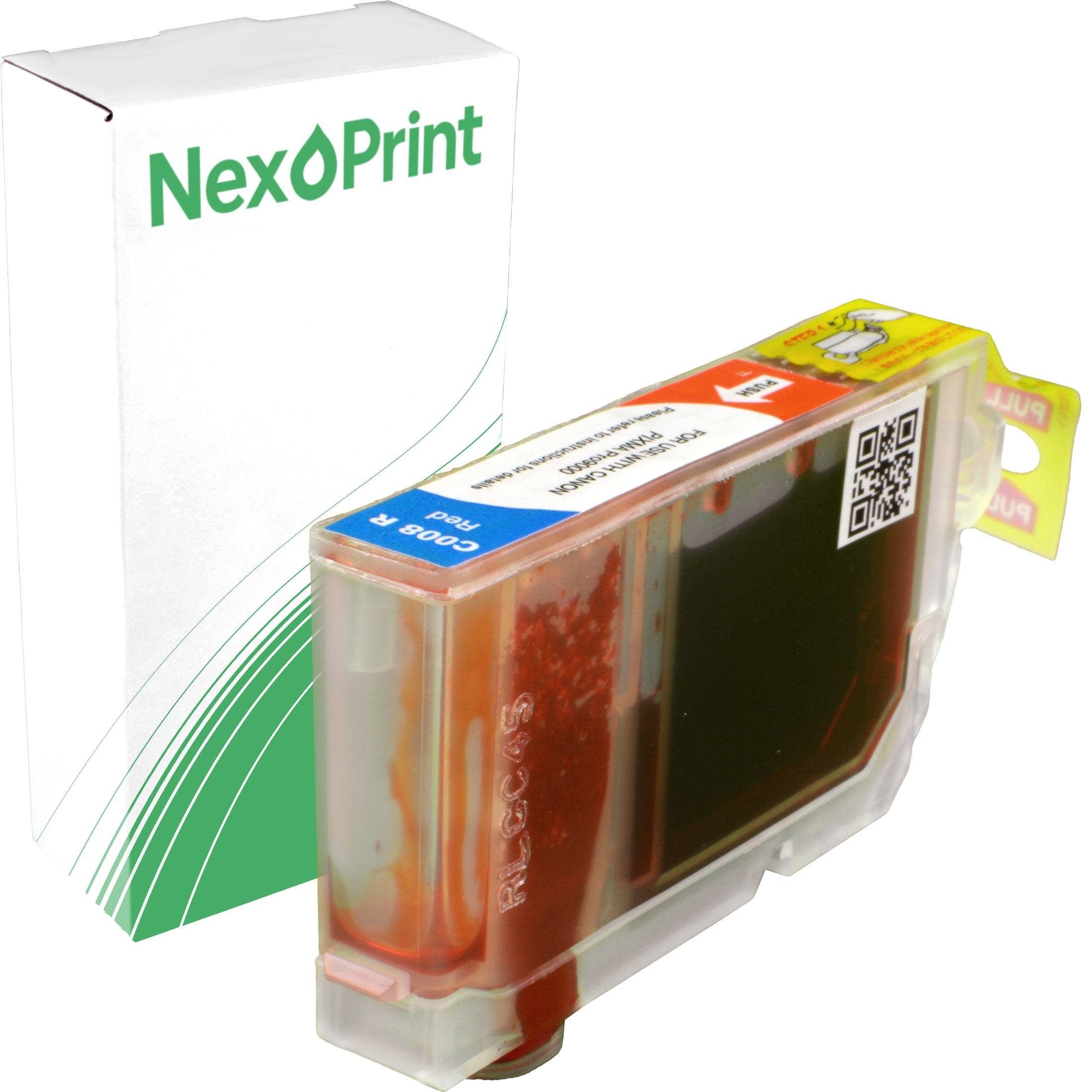 NexPrint' Logo auf einer weißen und grünen Druckerpatronenverpackung. Eine durchsichtige Patrone, gefüllt mit farbiger Tinte, befindet sich vor der Verpackung.