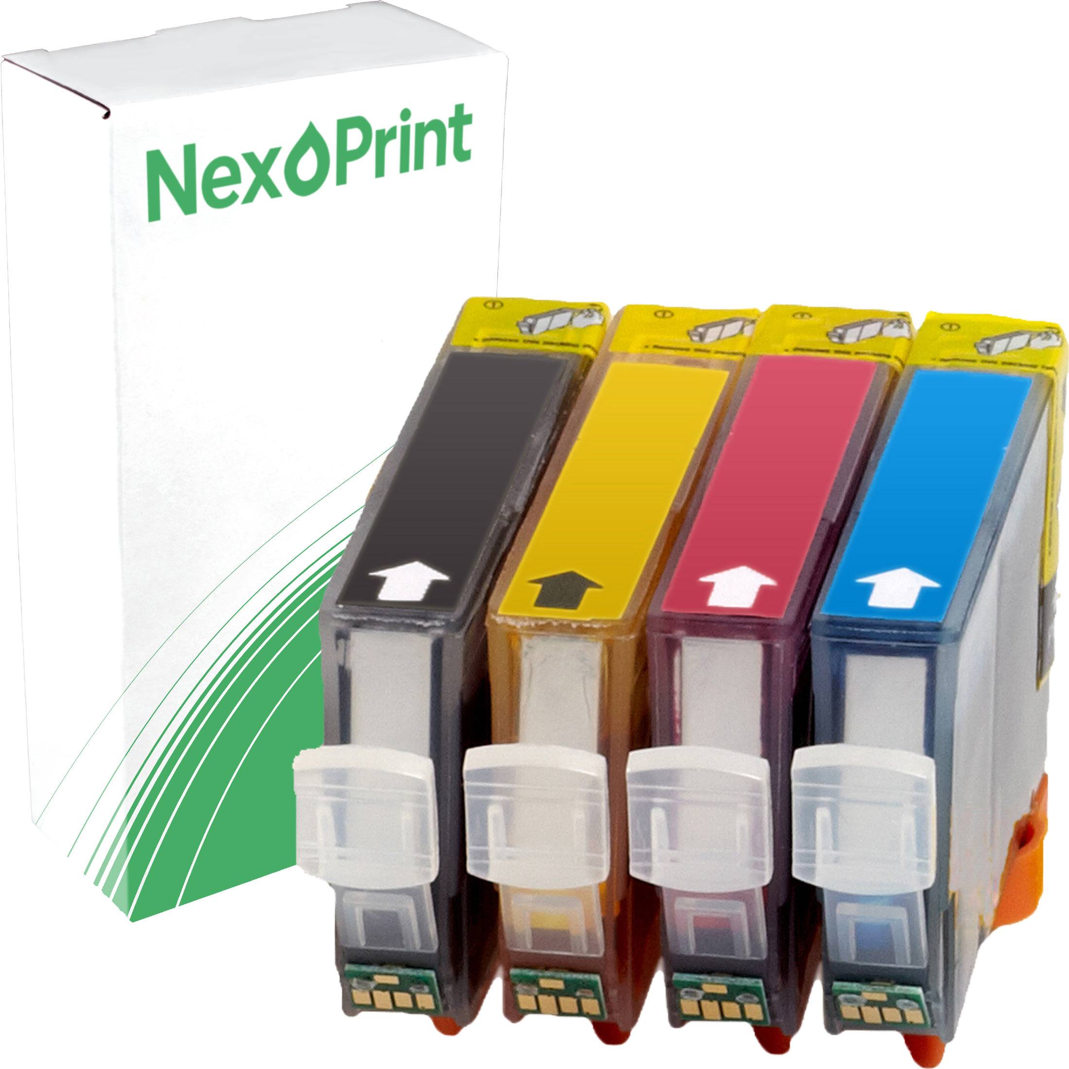 Druckerpatronen in schwarz, gelb, magenta und cyan neben einer NexPrint-Schachtel.