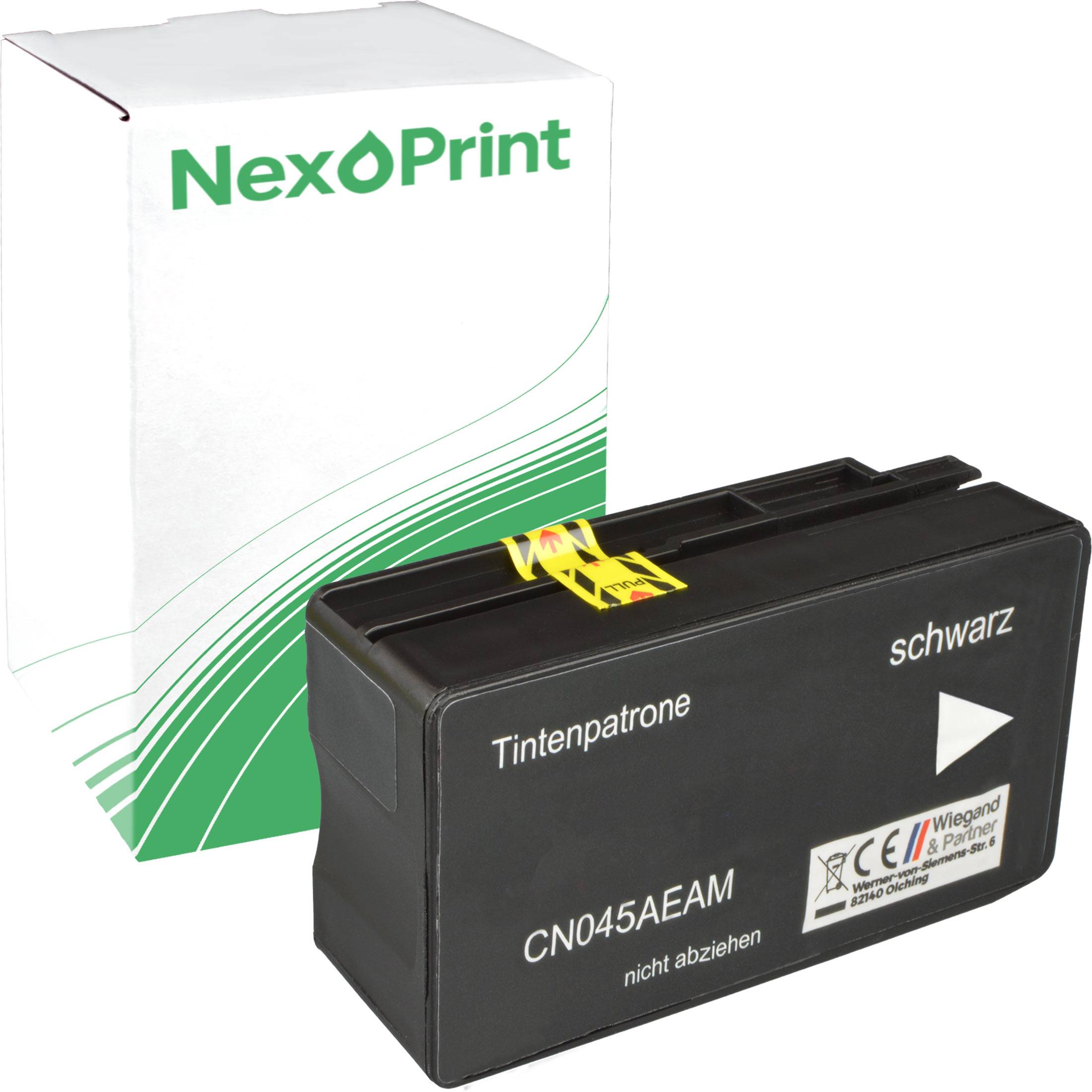 Schwarze NexPrint-Tintenpatrone vor ihrer Verpackungsbox.
