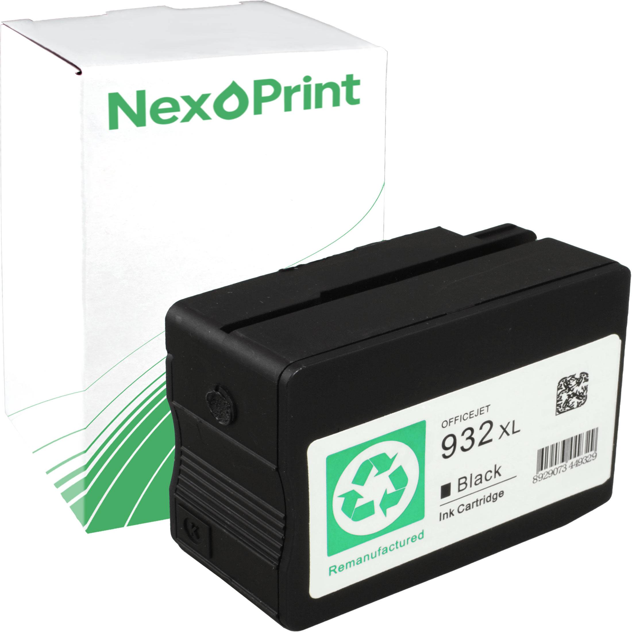 Aufbereitete OfficeJet 932 XL Schwarzpatrone mit Umweltfreundlichkeits-Symbol. NexPrint-Markenkarton im Hintergrund.