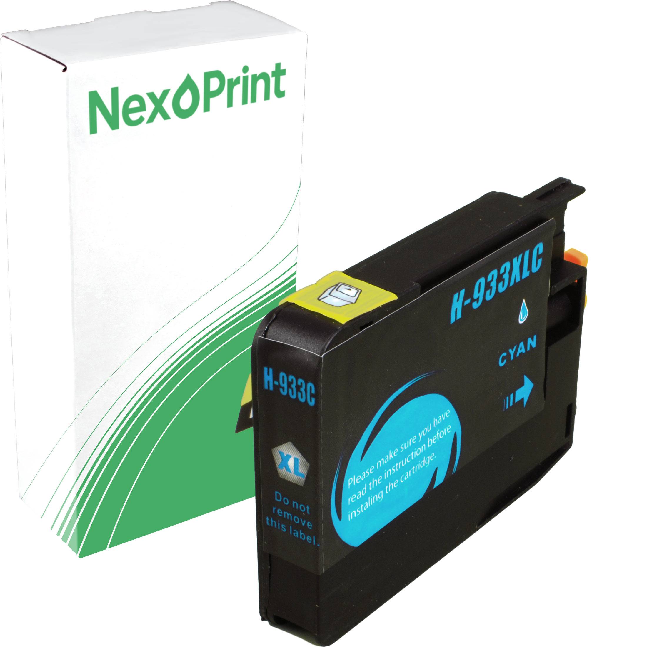 NexPrint' Tintenpatronenkarton und H-933XLC Cyan-Patrone im Vordergrund.