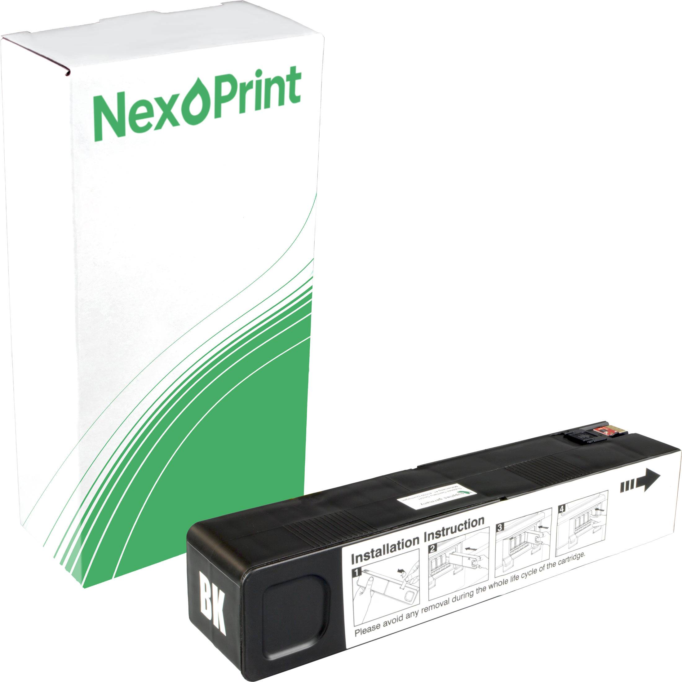 Schwarze Tonerkartusche mit der Aufschrift 'BK' neben einer NexPrint-Verpackung mit grünen Akzenten. Installationsanweisungen sind auf der Kartusche sichtbar.