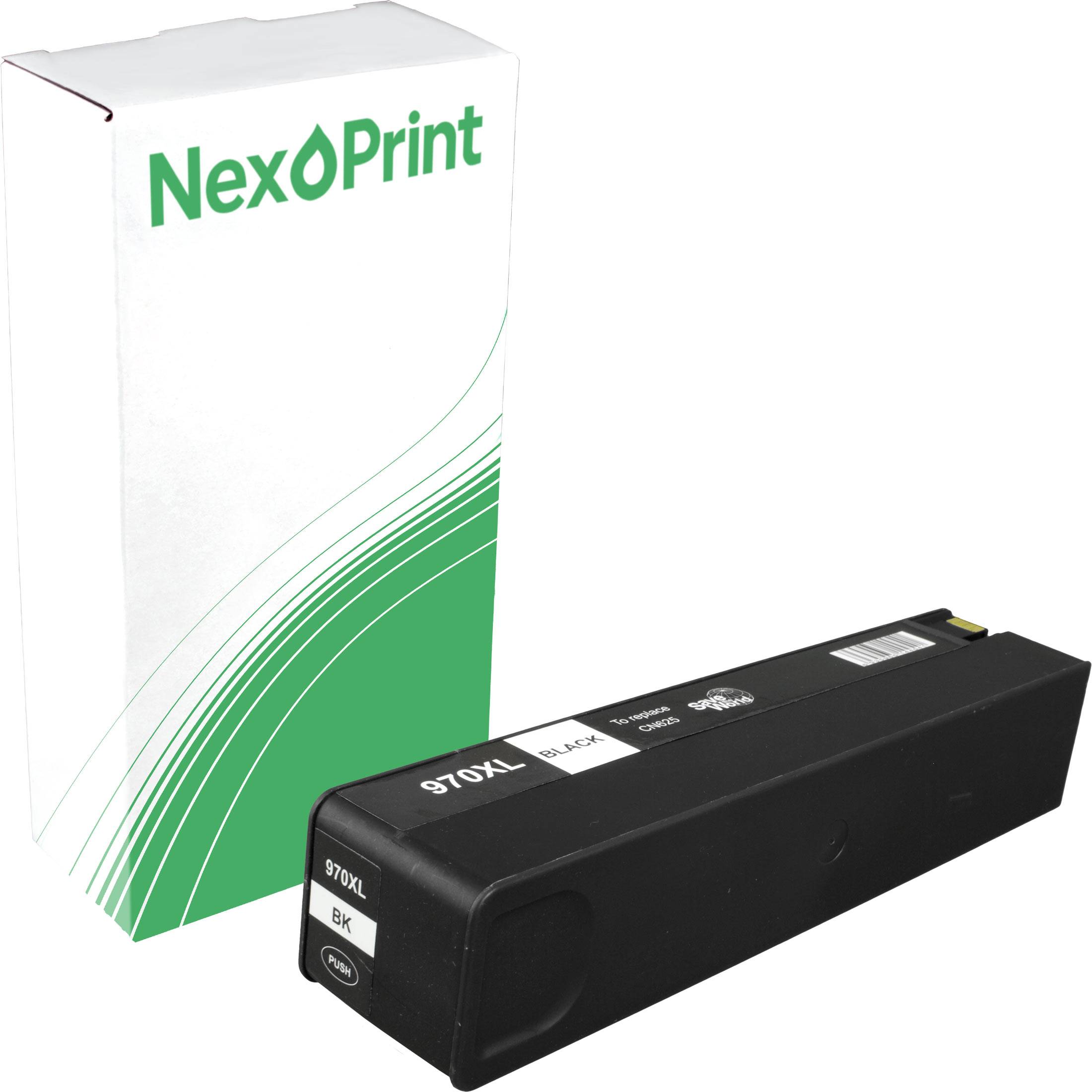 Ein 'NexoPrint 970XL BK' schwarzer Tintenpatrone mit weißer und grüner Verpackung daneben.