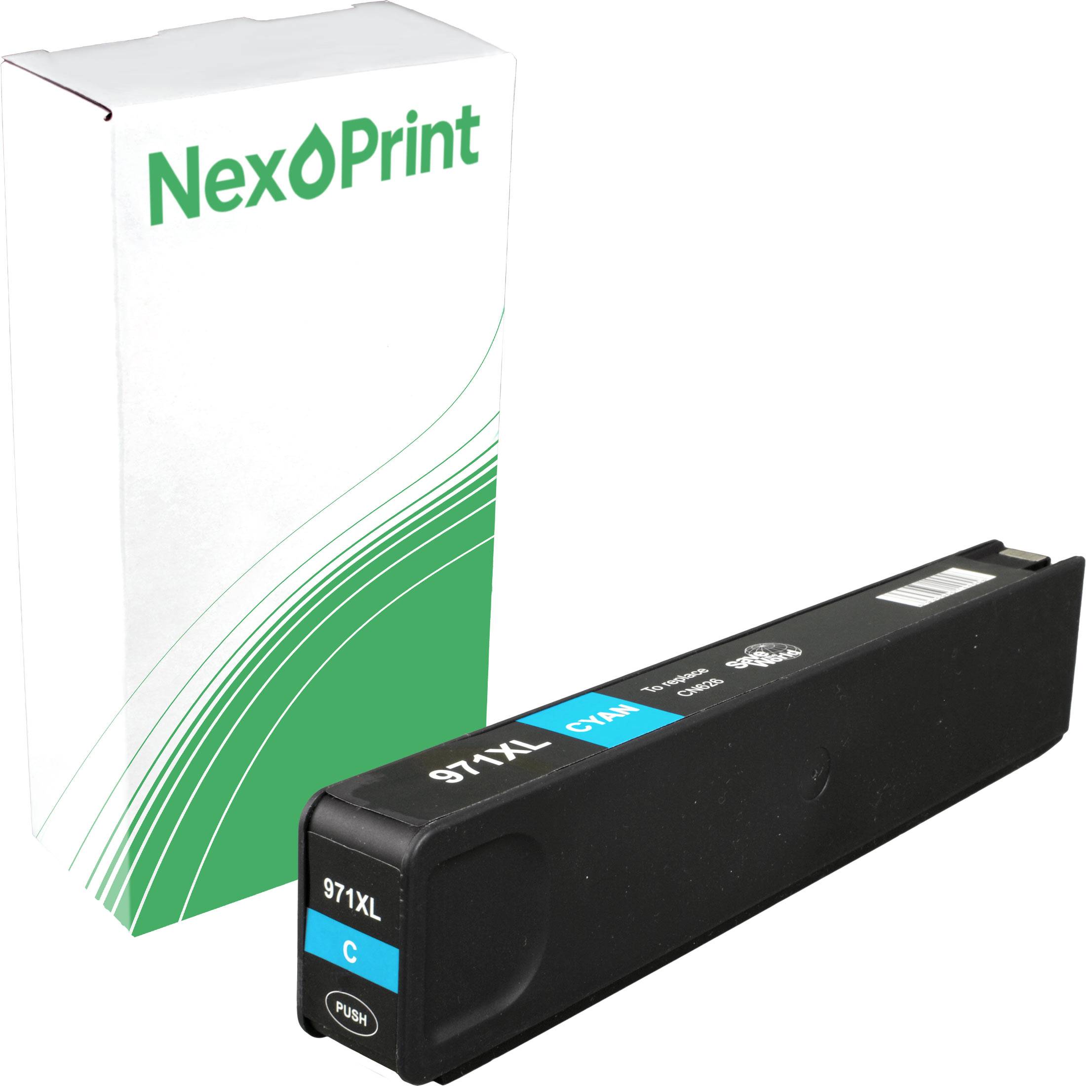 Tintenpatrone 'NexoPrint 971XL Cyan' neben ihrer grün-weißen Verpackung.