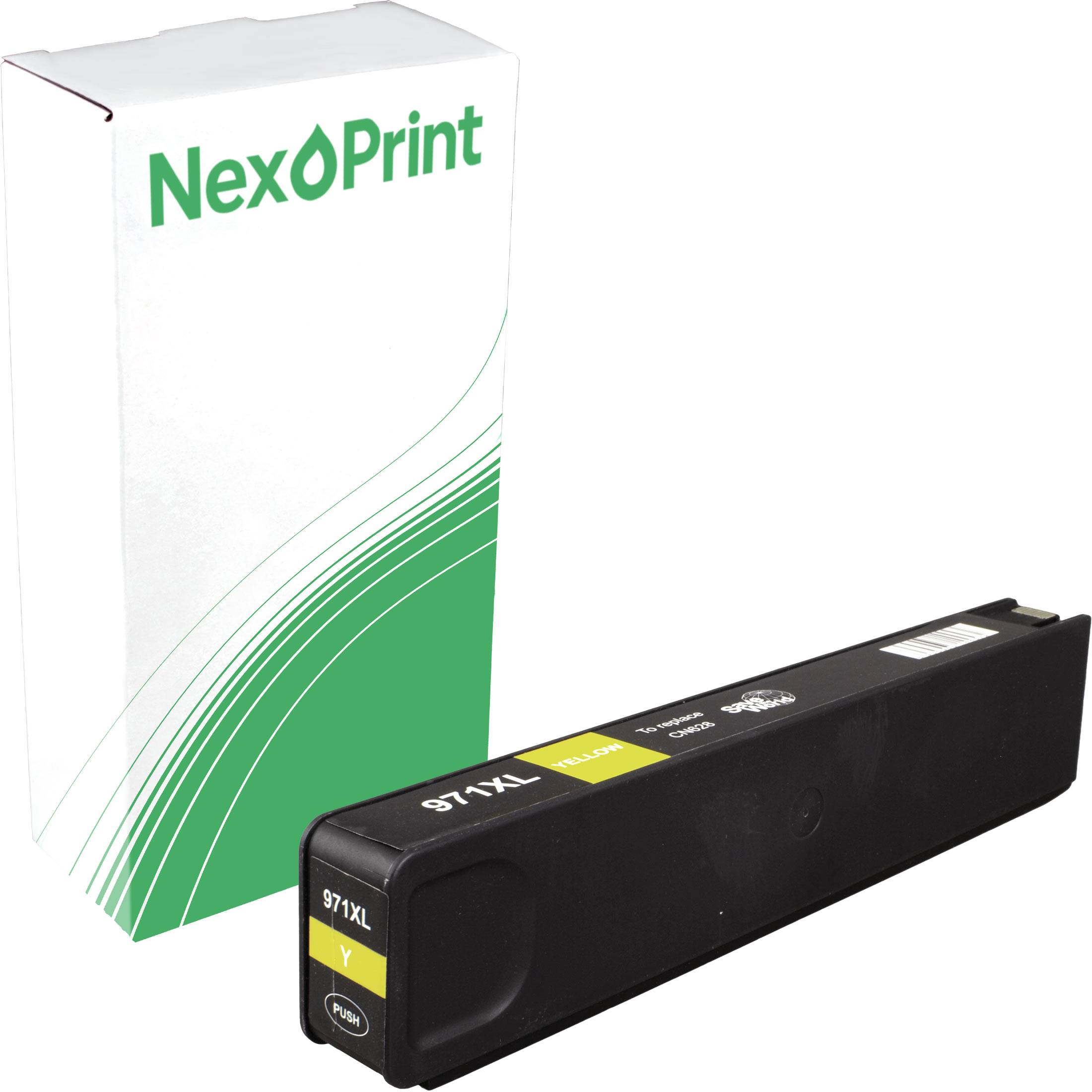 Schwarze Tintenpatrone für Drucker, mit der Bezeichnung 971XL, daneben eine grün-weiße NexPrint-Schachtel.