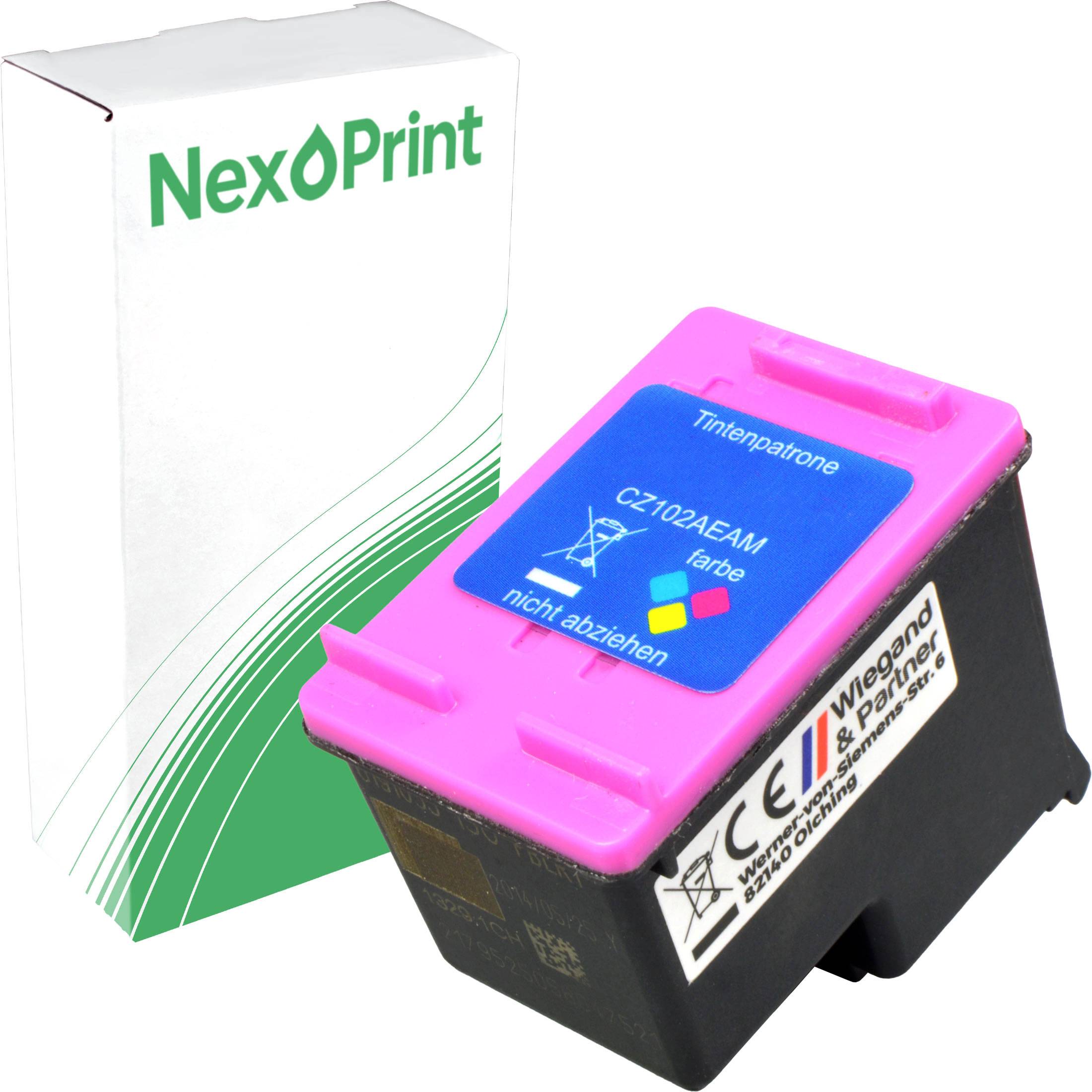 Farbtonerkartsche neben NexPrint-Box' - Tonerkartsche mit Druckeretikett, neben der Markenverpackung platziert.