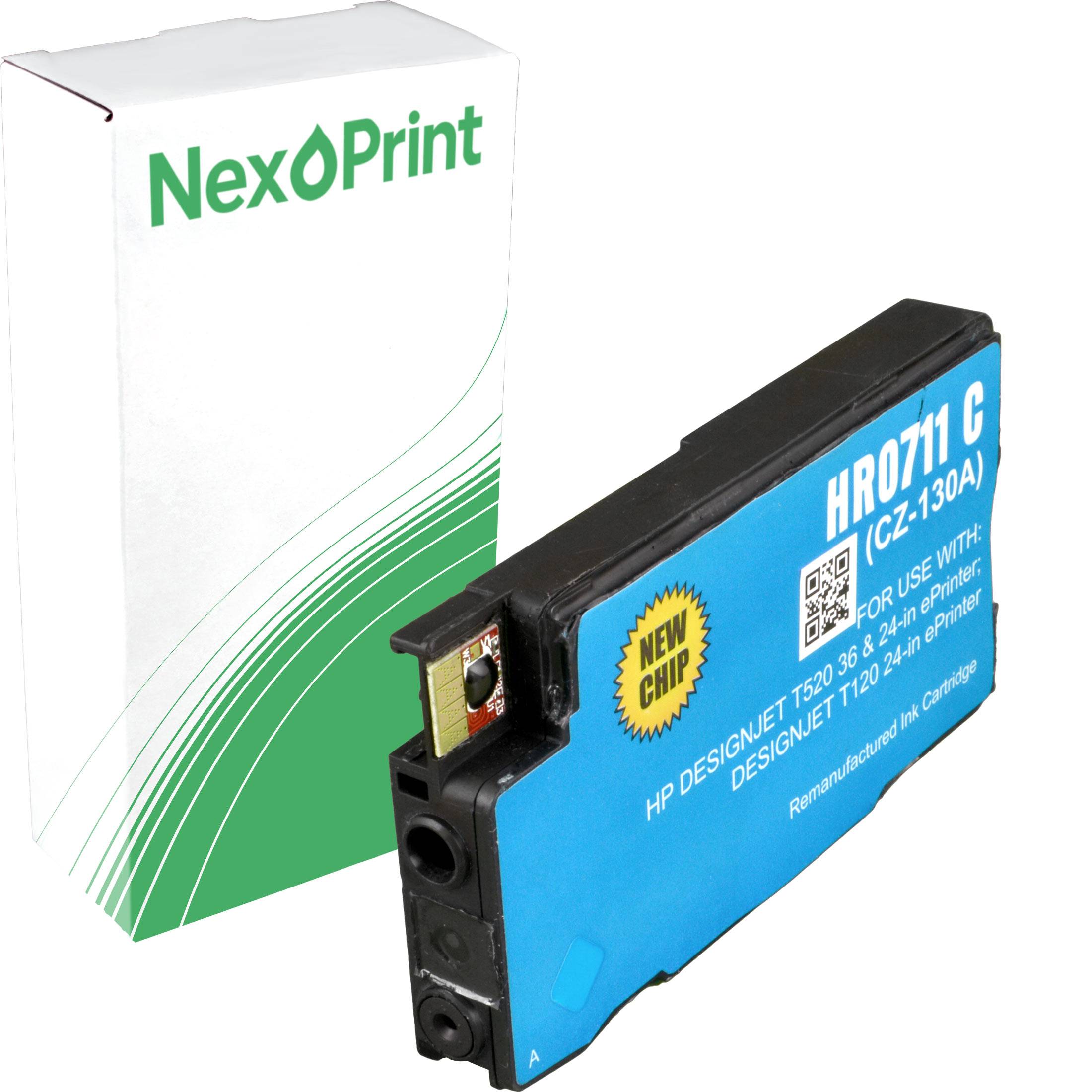 NexPrint' Tintenpatrone für HP DesignJet T520, mit Aufschrift 'NEUER CHIP'. Blaue Patrone vor einer markierten weiß-grünen Verpackung.