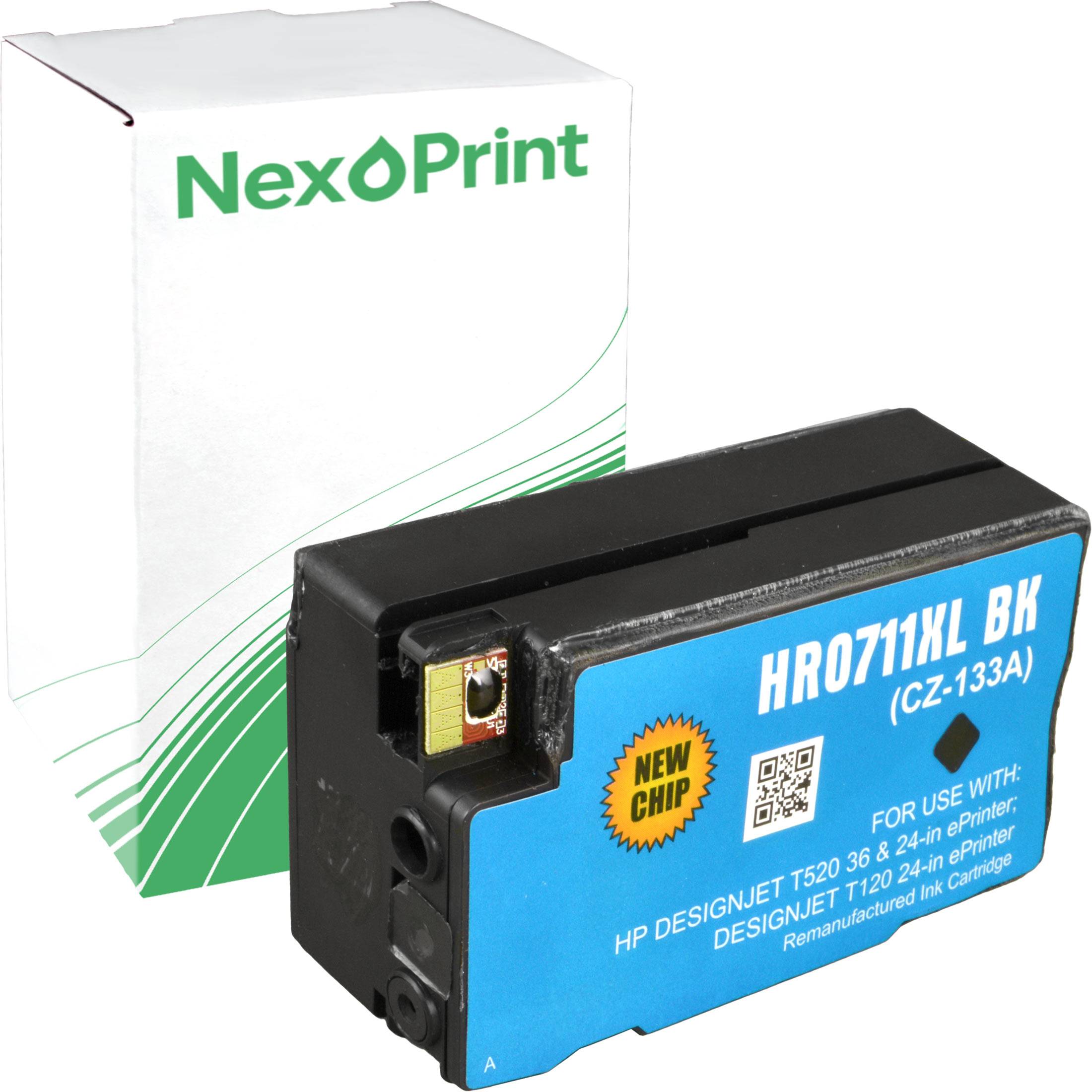 NexoPrint' Marken-Tintenpatrone in Schwarz mit der Bezeichnung 'HRO711XL BK (CZ-133A)' für HP DesignJet T520 und T120 Drucker mit 'Neuer Chip' Aufkleber.