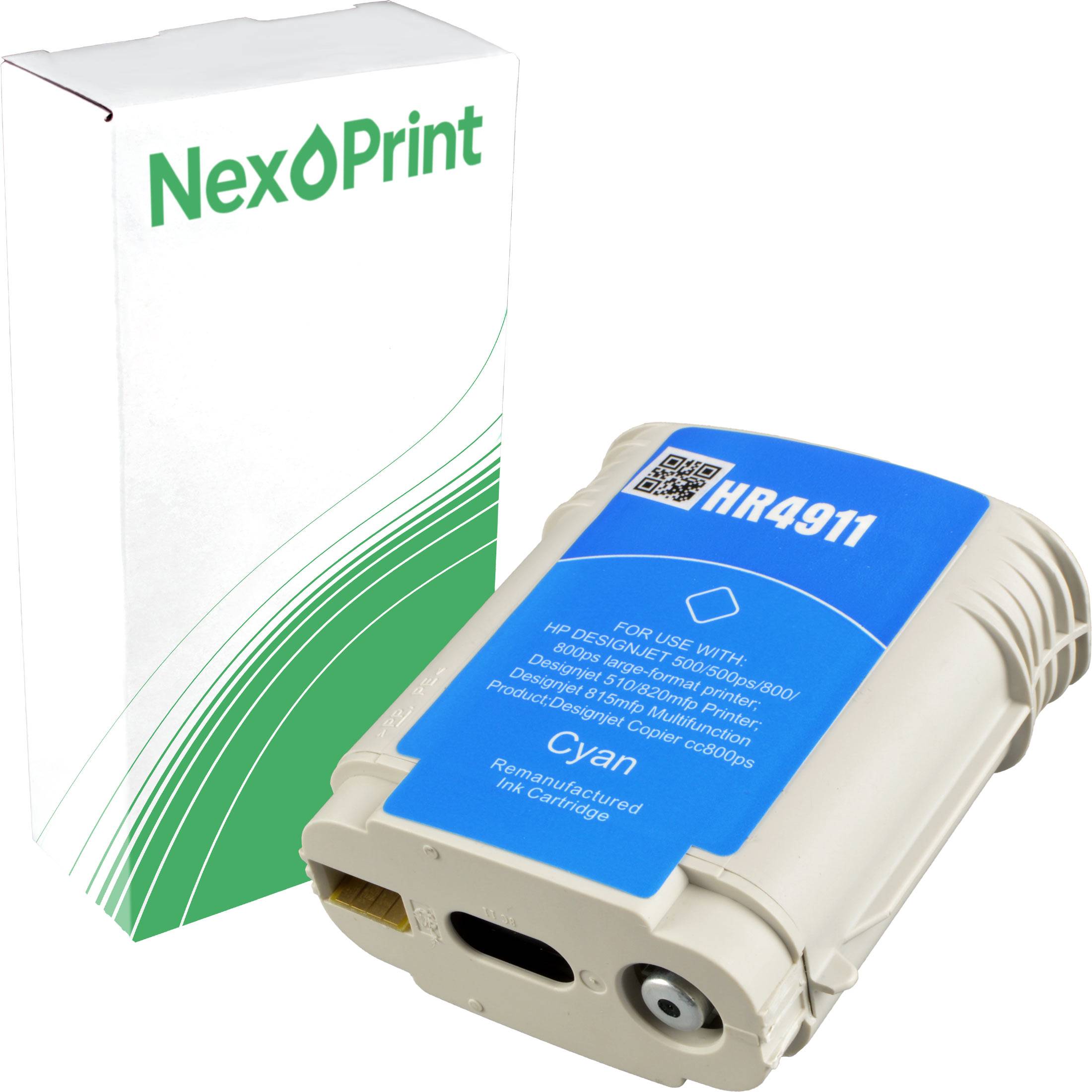 Cyan-wiederbefüllte Tintenpatrone HR4911 neben NexPrint-Verpackung. Kompatibel mit verschiedenen HP DeskJet-Modellen.